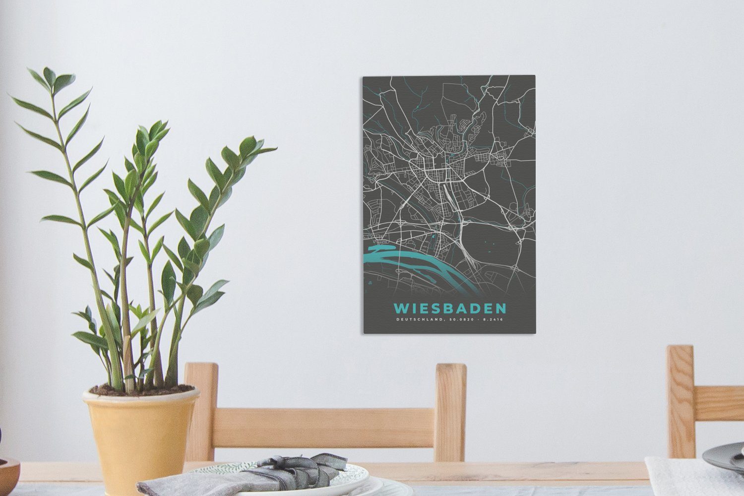 Karte, Deutschland - bespannt OneMillionCanvasses® cm - fertig Wiesbaden Blau Leinwandbild - (1 Gemälde, Stadtplan - 20x30 inkl. Zackenaufhänger, Leinwandbild St),