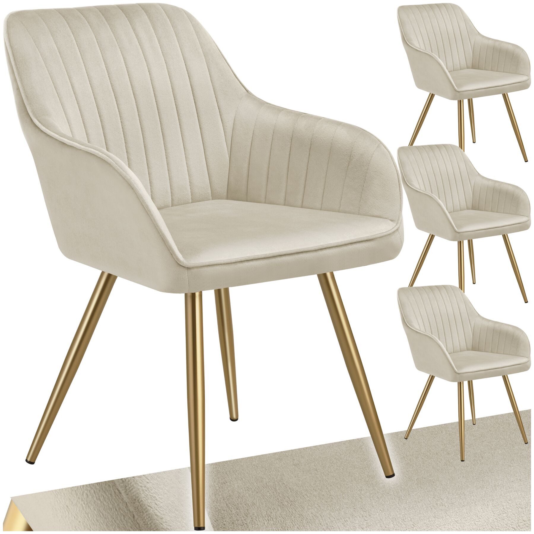 tectake Esszimmerstuhl Polstersessel gepolstert, in Samtoptik, gesteppt, 58 x 62 x 82 cm (Küchenstuhl Marilyn in creme/gold, 4 St), schlanke, goldene Stahlbeine, bodenschonend, Belastbarkeit 120 kg