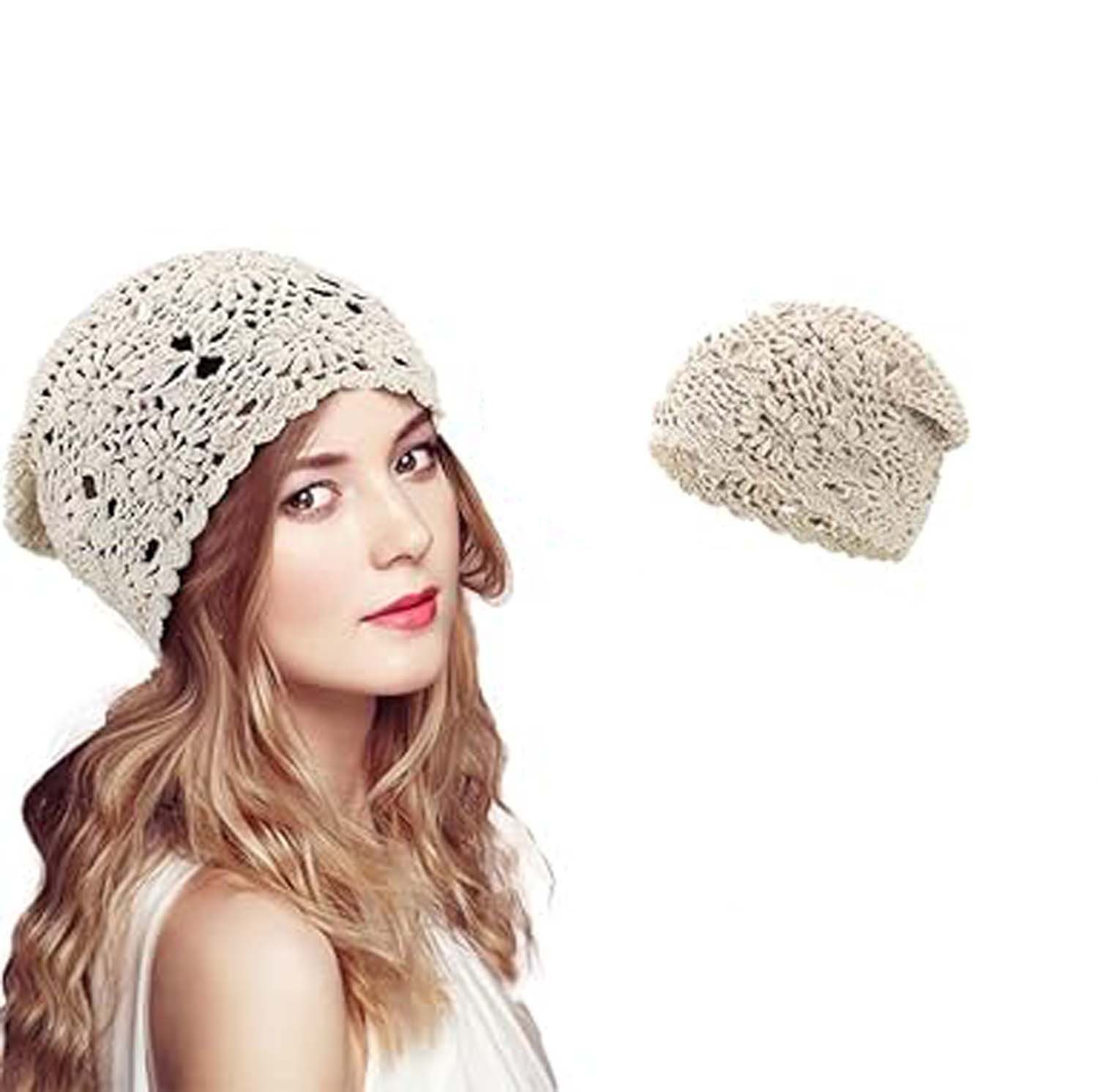 Oemmn Beanie Damen-Häkelmütze, lockere Strickmütze, Baumwolle, handgefertigt