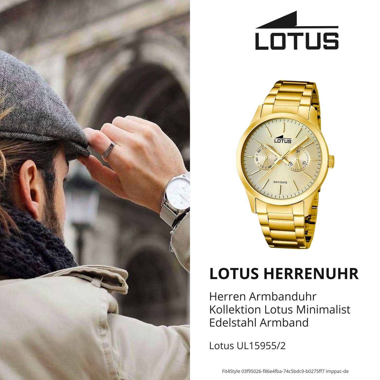 Quarzuhr Lotus Herren Lotus rund, Uhr L15955/2, Herren gold PVDarmband Edelstahl, Elegant Armbanduhr