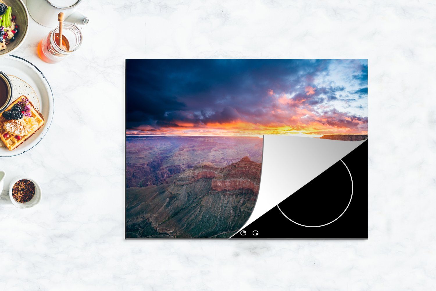 70x52 MuchoWow den cm, Blick (1 Ceranfeldabdeckung Grand Herdblende-/Abdeckplatte Sonnenaufgang, Canyon nutzbar, auf Mobile tlg), bei Vinyl, Arbeitsfläche