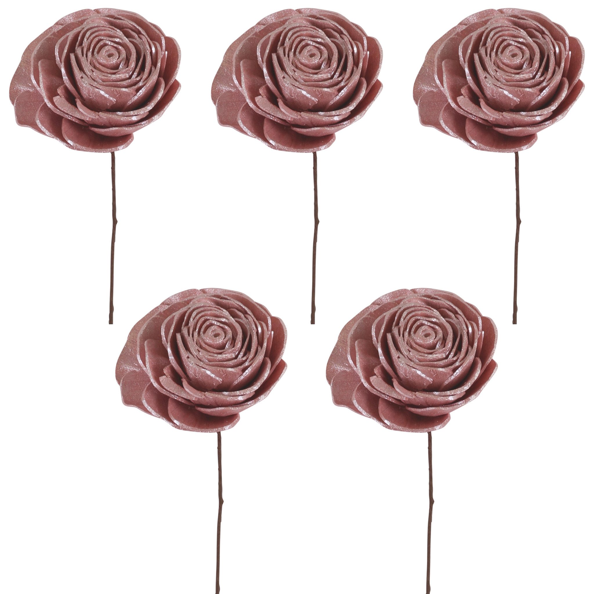 Kunstblume Trockenblüten Rosen 5er Set Ø 6 cm Altrosa am Draht Rose, matches21 HOME & HOBBY, Handgefertigte Holzblumen für Boho Deko