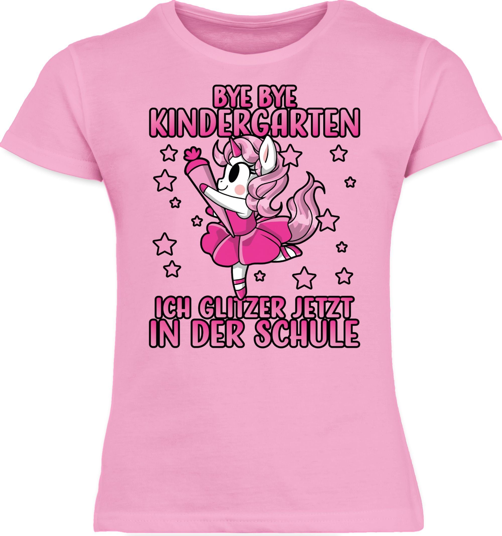 Shirtracer Rosa mit der Einschulung jetzt Einhorn Schule Mädchen in Kindergarten Bye Bye ich Pin 2 T-Shirt glitzer -
