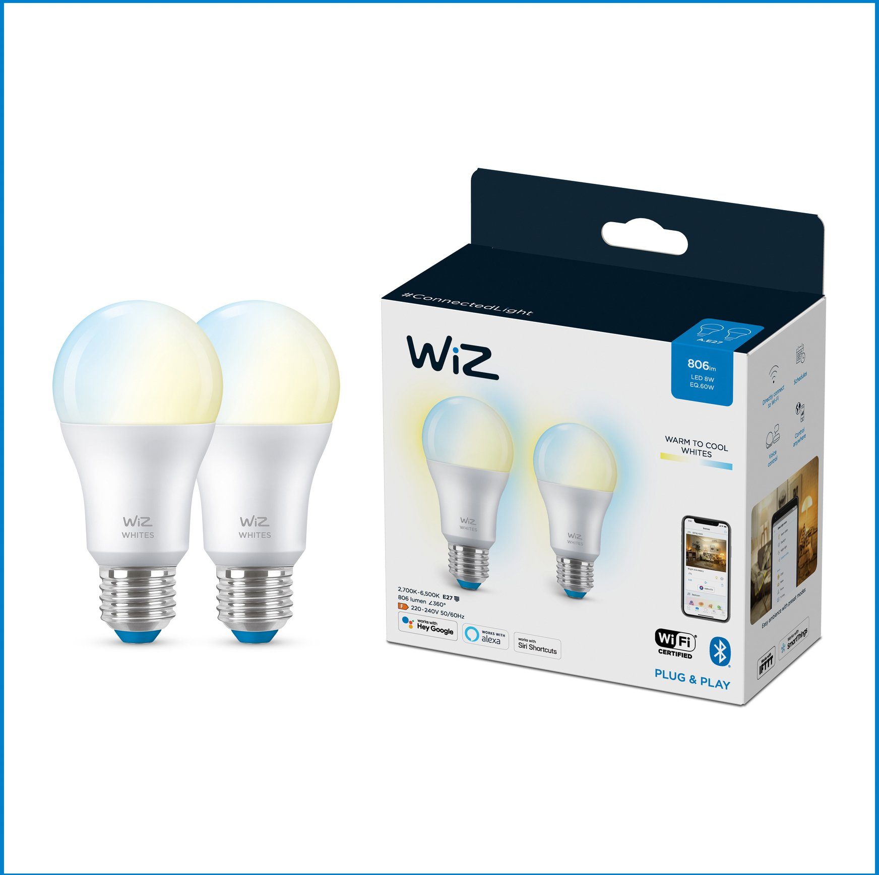 Standardform Tunable 60W Neutralweiß matt LED-Leuchtmittel E27, E27 White WiZ Doppelpack,