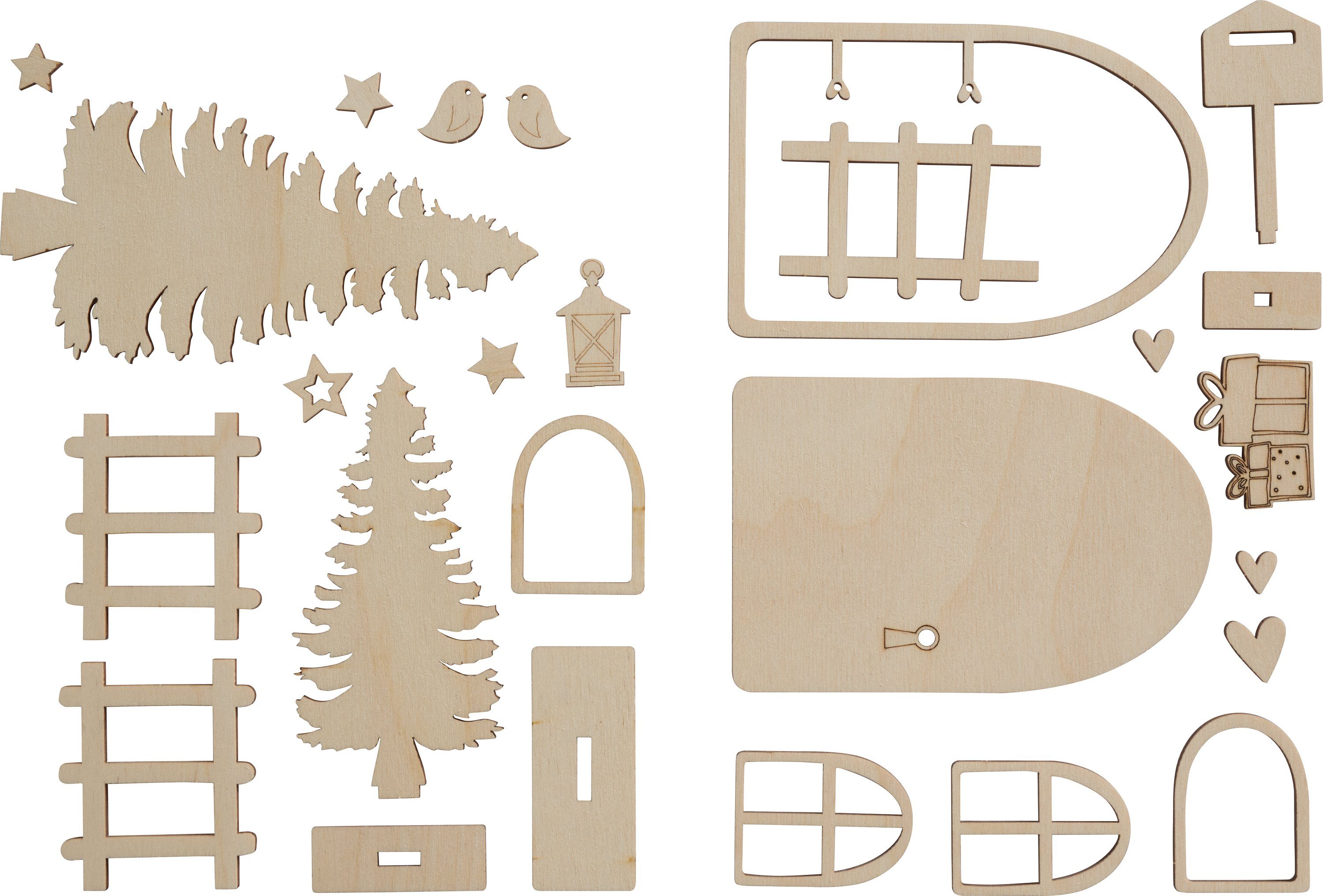 Dekoobjekt 26-teilig Wichteltür Rayher NISSE, Holz-Bastelset