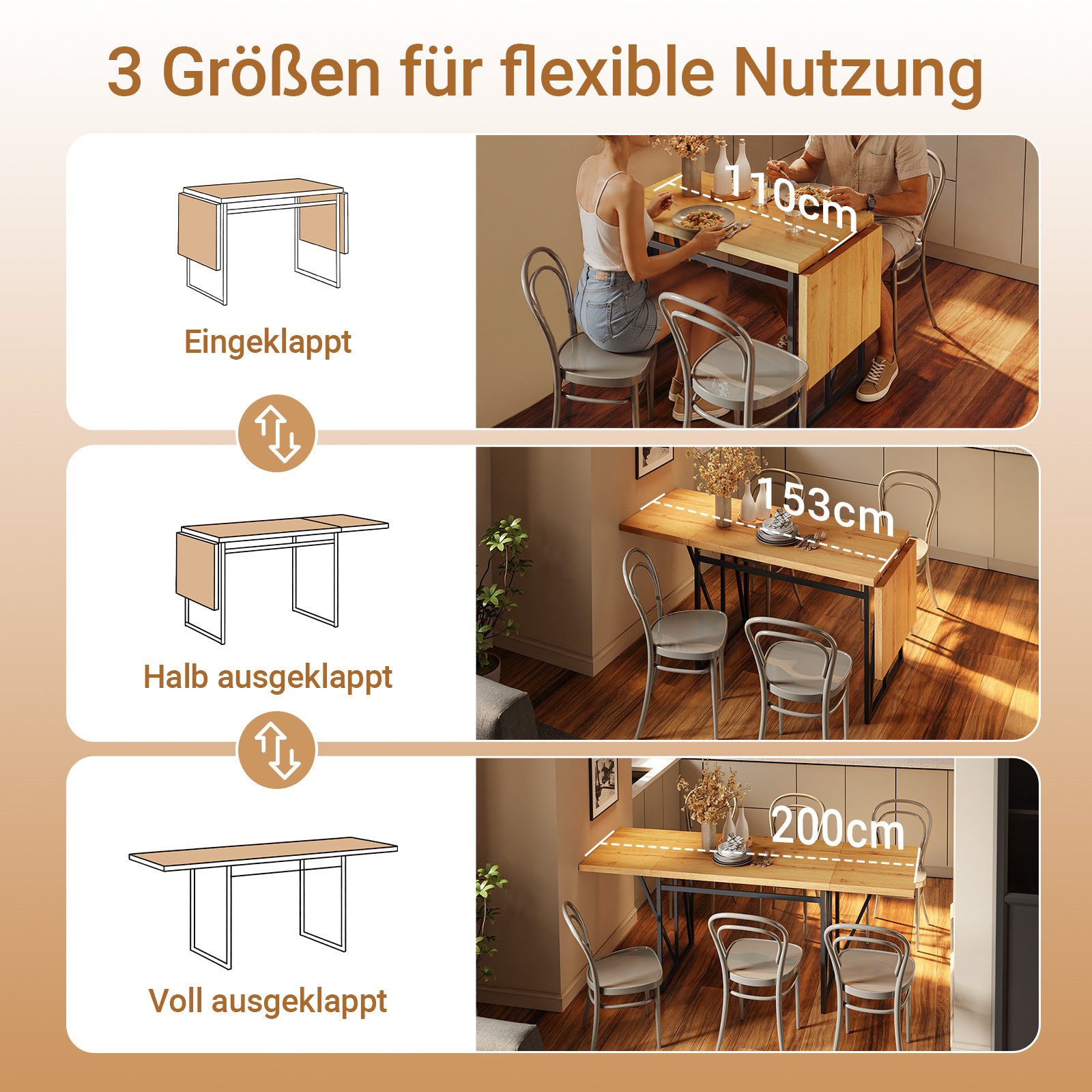 SoBuy Esstisch FWT113, Esszimmertisch klappbar, platzsparender Küchentisch 110–200 cm (1 Tisch), Esstisch ausziehbar 110–200 cm, für 2–8 Personen, mit Metallgestell