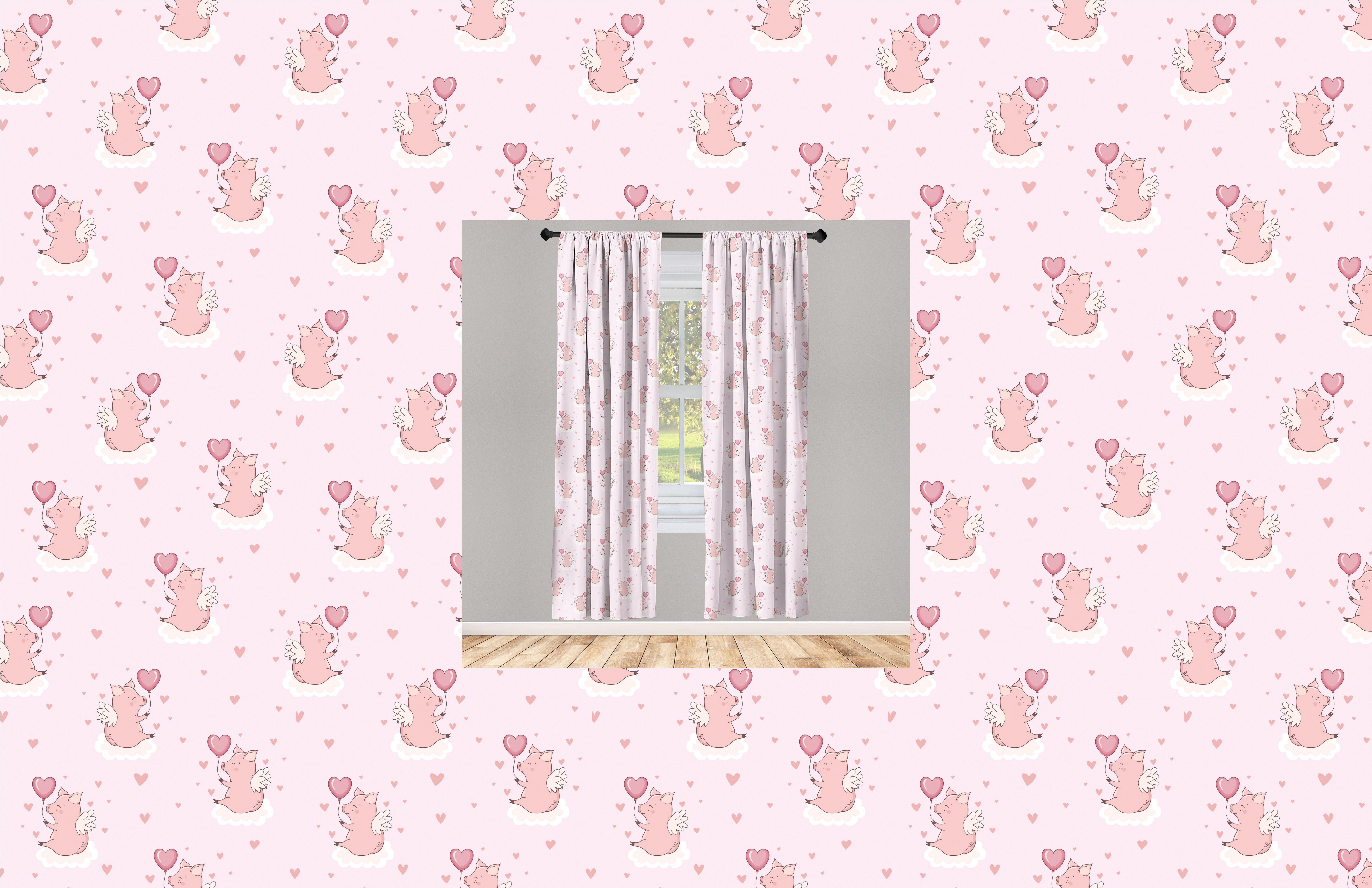 Gardine Vorhang für Wohnzimmer Schlafzimmer Dekor, Wolken Schweine Amor auf Microfaser, Valentines Abakuhaus