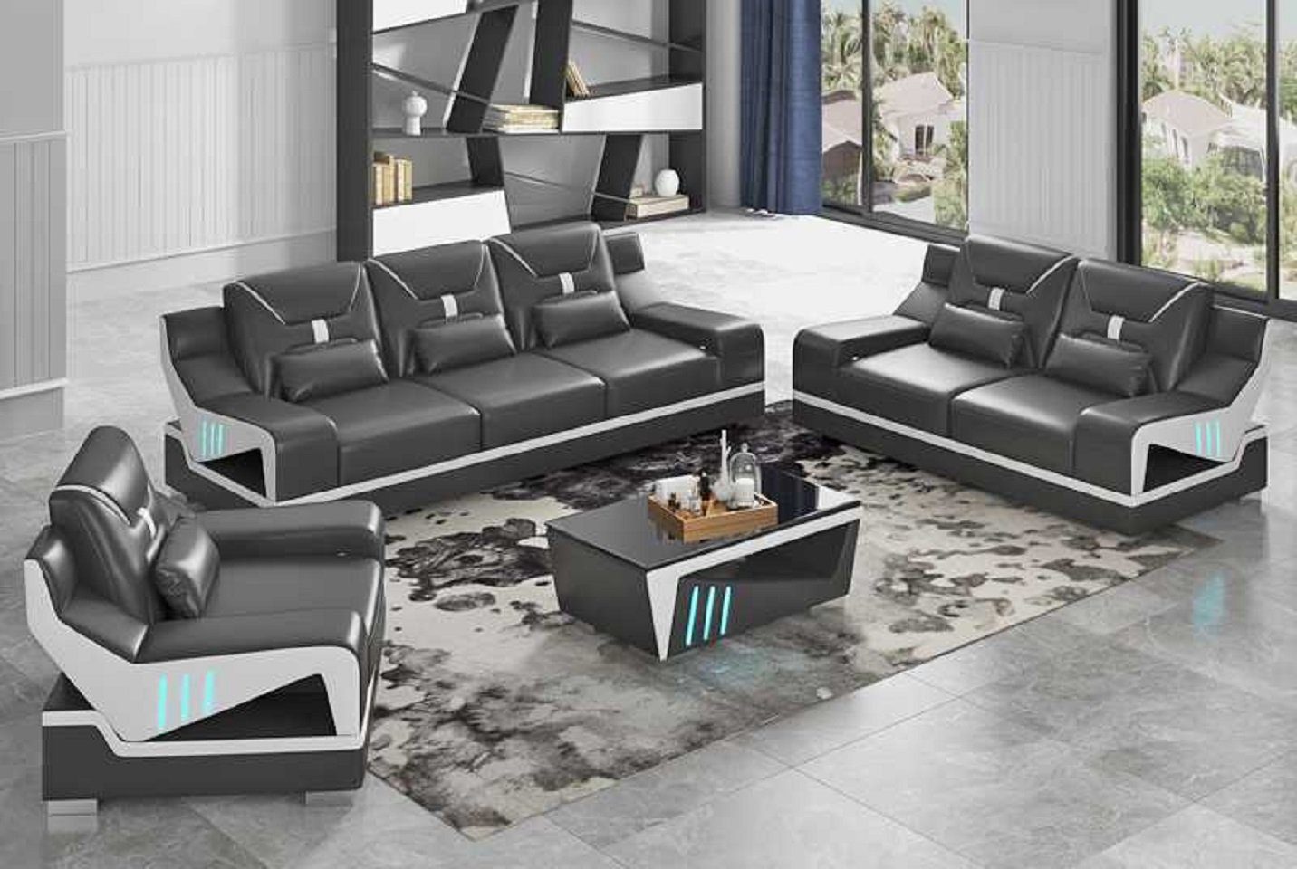 JVmoebel Wohnzimmer-Set Luxus Sofagarnitur Couchgarnitur Schwarz Kunstleder Sofa 321, (3-St., Nur Sofa 2+3 Sitzer + Sessel), Made in Europe