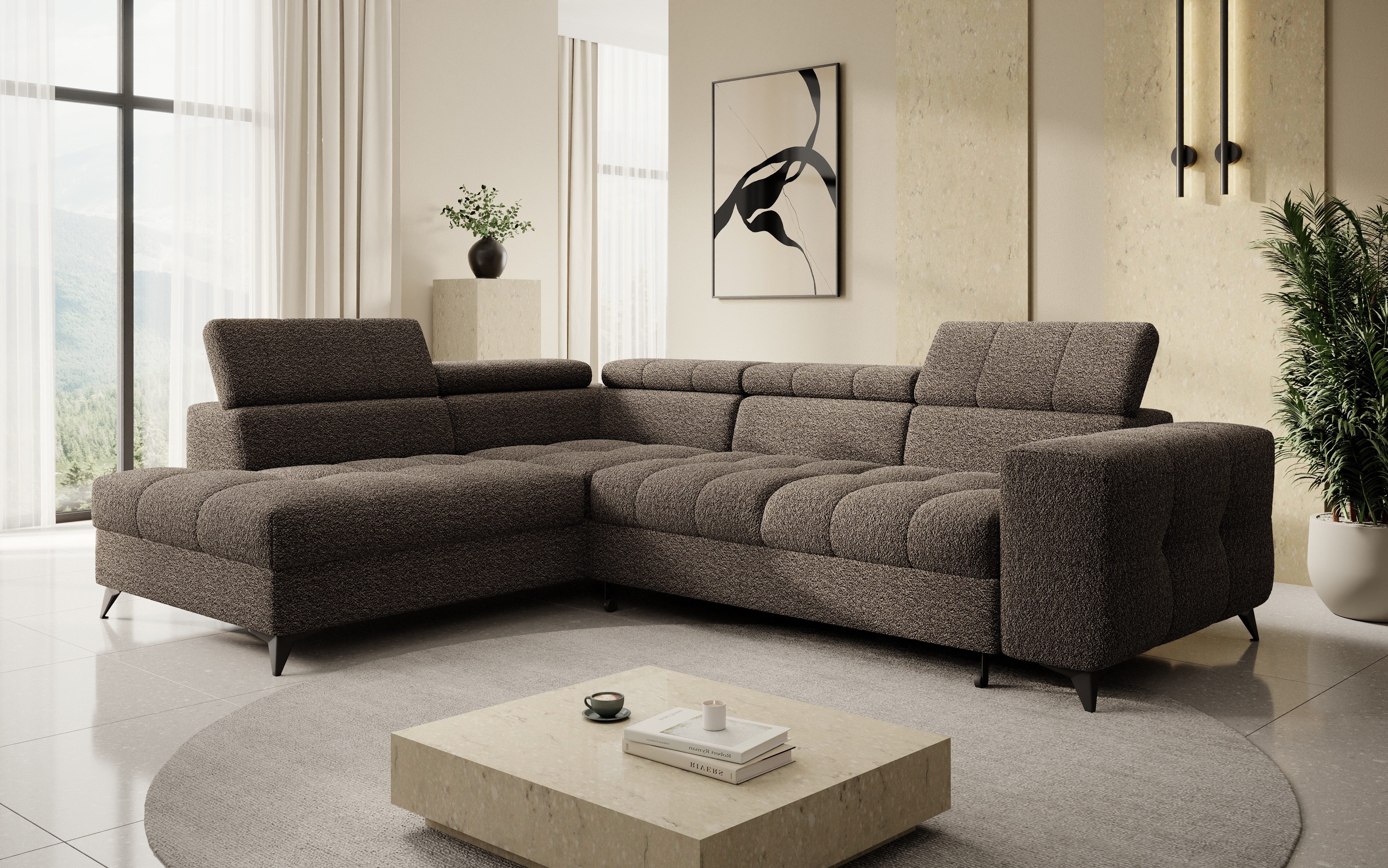 thematys Ecksofa SORANO mit Schlaffunktion & Bettkasten – L-Form, Bouclé und Velours, - mit verstellbaren Kopfstützen, – L-Form 270×203 cm – Schlafsofa mit Auszug, – L-Form 270×203 cm – Schlafsofa mit Auszug