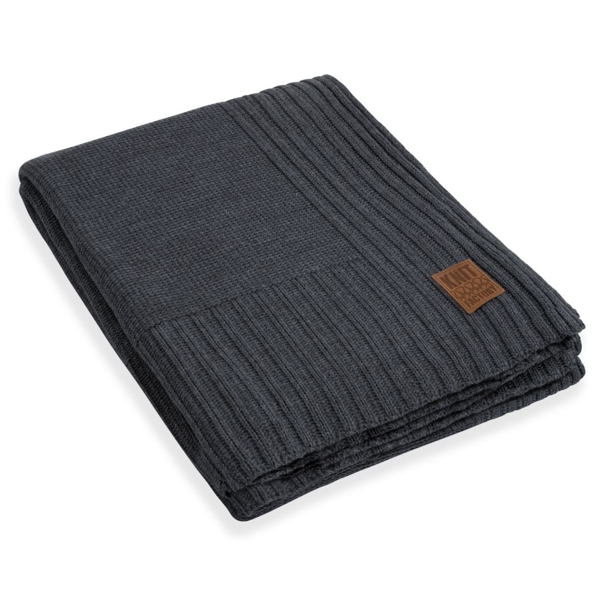 Wolldecke Uni Plaids 195x225 cm Glatt Anthrazit, Knit Factory, Tagesdecke Kuscheldecke Decke Wohndecke