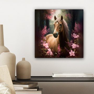 OneMillionCanvasses® Leinwandbild Pferd - Blumen - Rosa - Natur - Wald, (1 St), Leinwand Bilder für Wohnzimmer Schlafzimmer, 20x20 cm