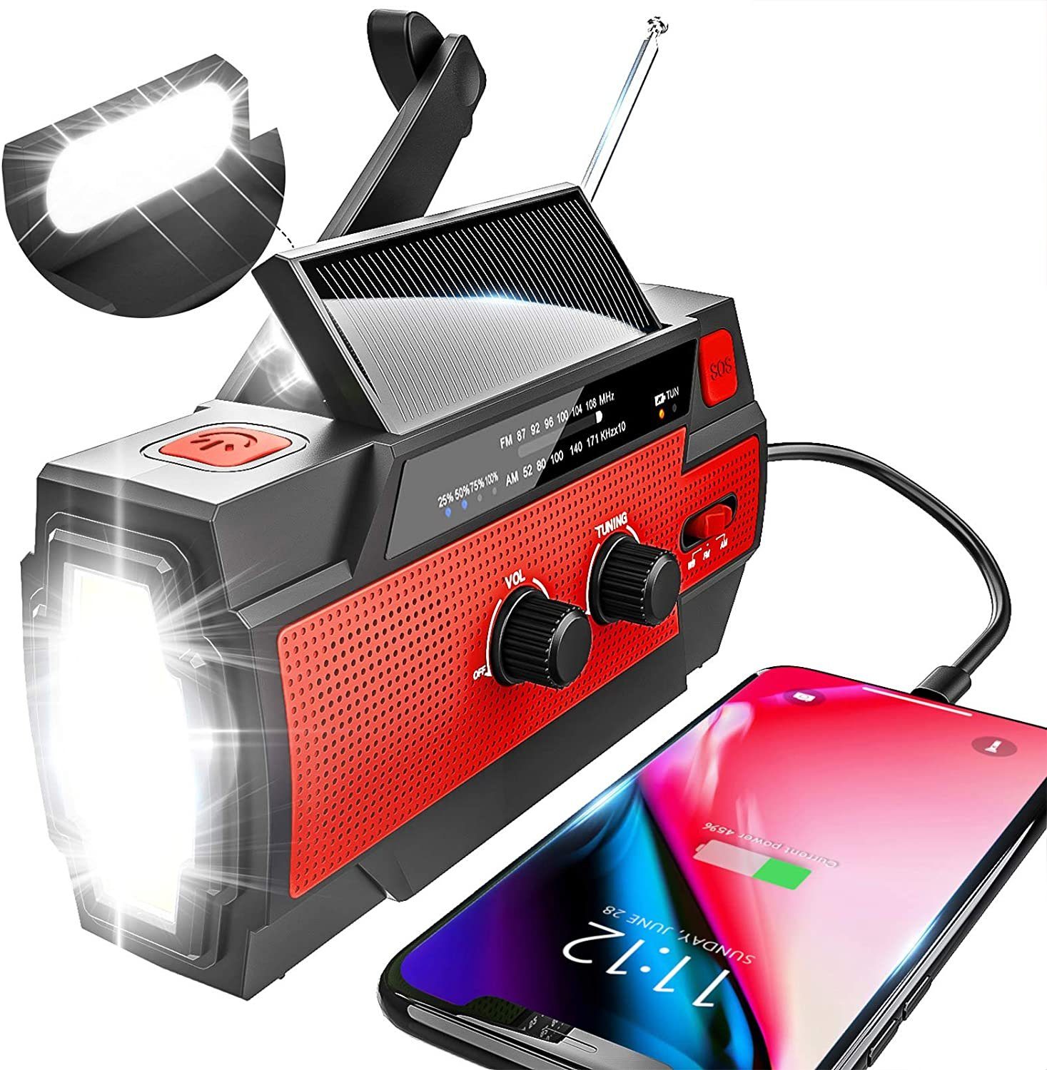 autolock Solar Radio,AM/FM Kurbelradio Tragbar USB Notfallradio für Camping Digitalradio (DAB) (Digitalradio (DAB), Mit 4000mAh Batterie 4 Modi LED Taschenlampe und SOS-Alarm für Notfall) Rot