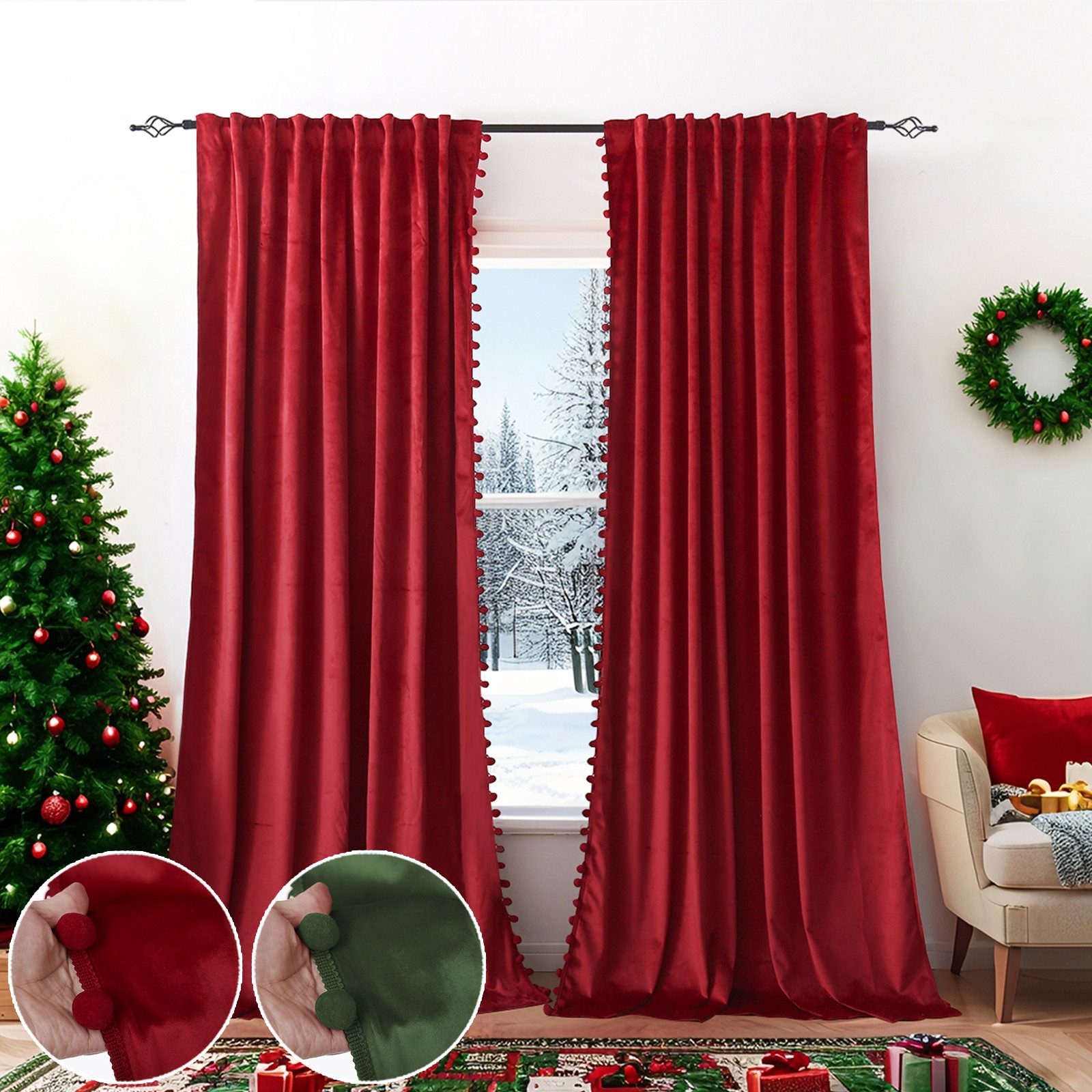 BTTO V&G Gardine Verdunkelungsvorhang,Weihnachtsvorhänge,Samtvorhänge mit Pompons (2 St), abdunkelnd, Thermogardine Gardinen Blickdicht für Schlafzimmer Wohnzimmer