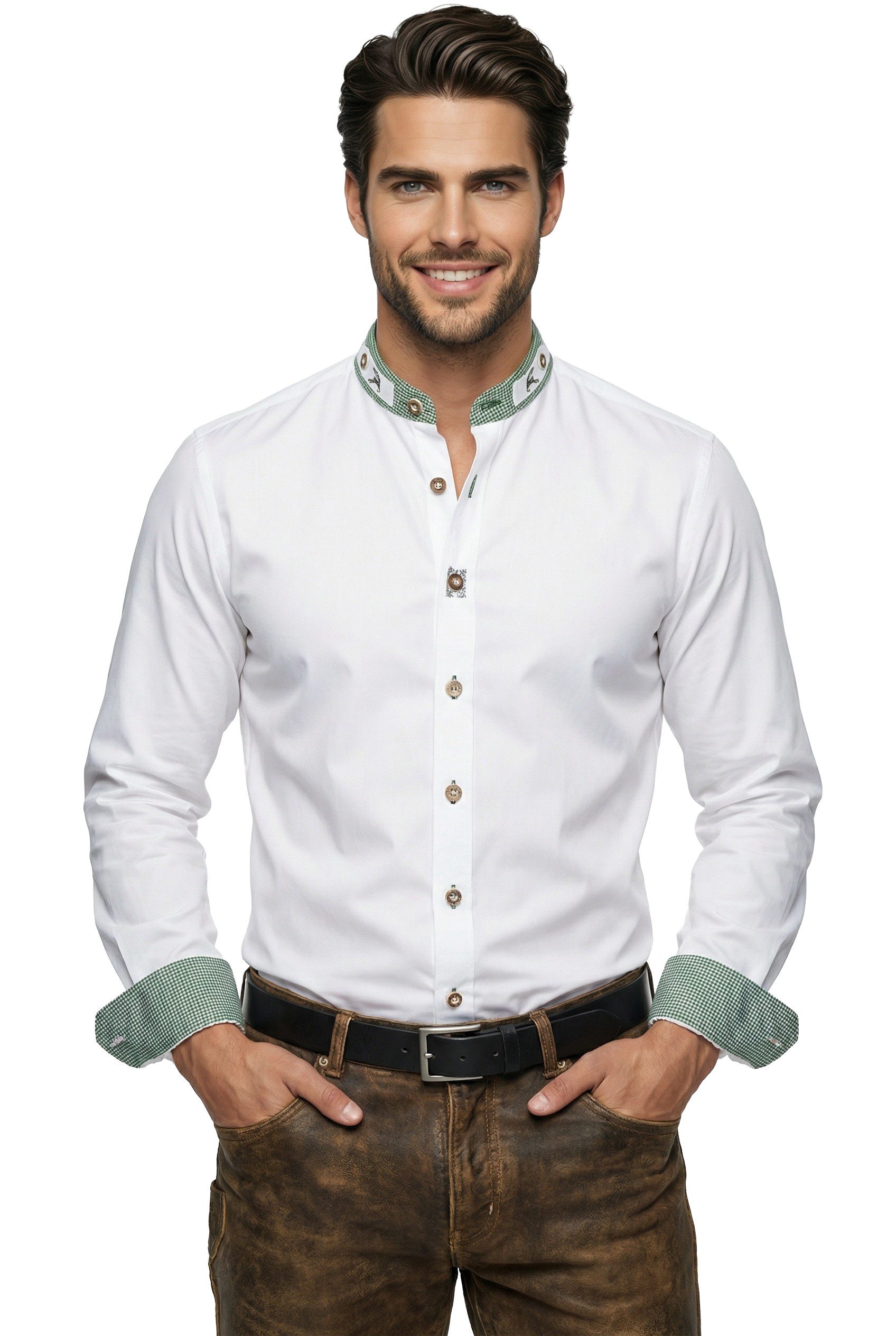 Moschen-Bayern Trachtenhemd Trachtenhemd SLIM FIT Herren Stehkragen Wiesnhemd Hirsch Langarm Weiß