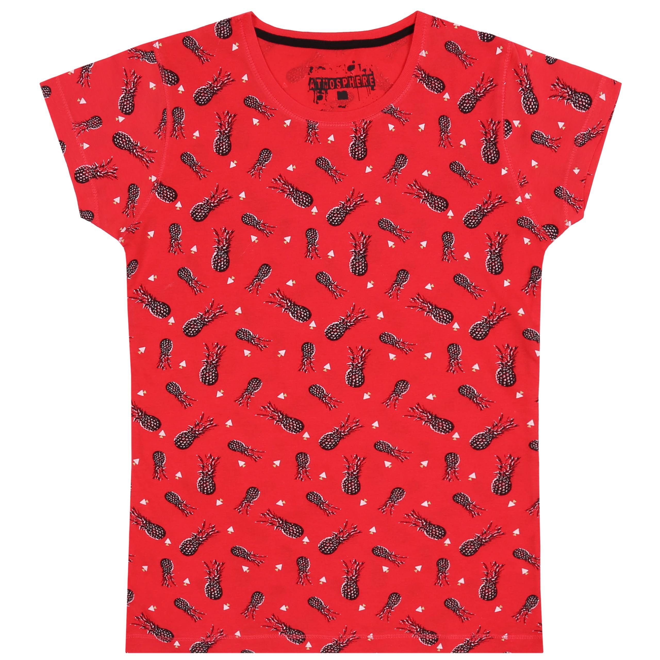 Kurzarmbluse Rotes T-Shirt mit Ananas gemustert S