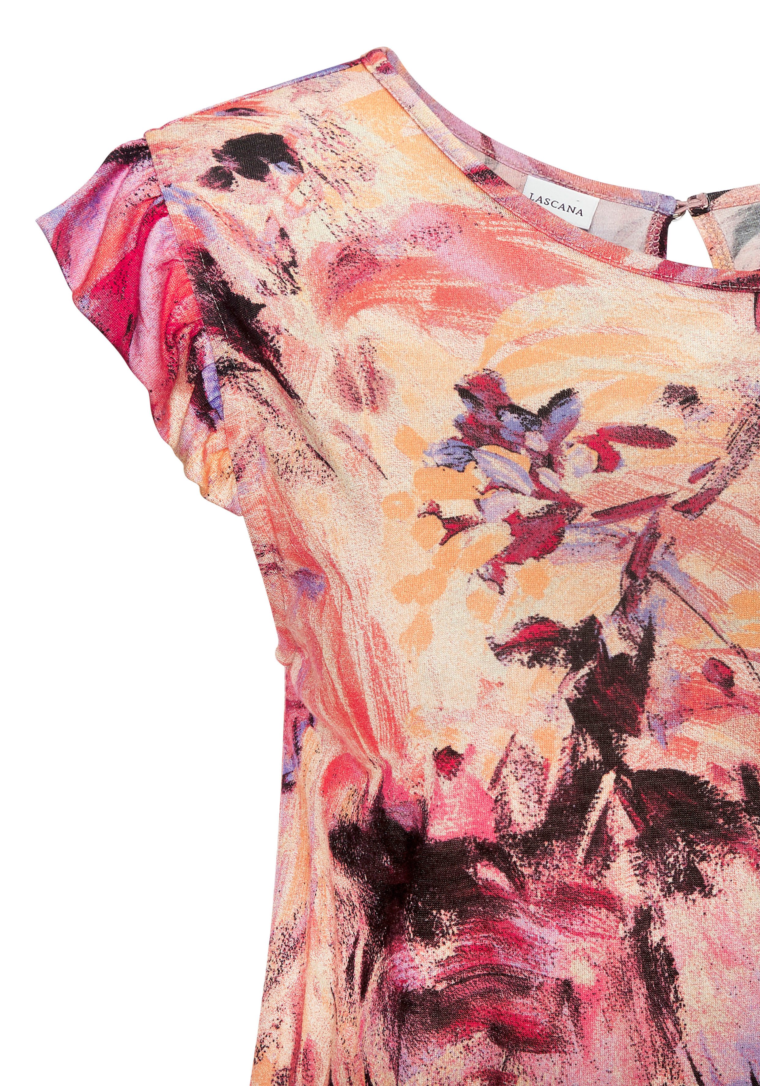 LASCANA Midikleid mit Rüschenärmeln und Blumendruck leichtes Sommerkleid, Jerseykleid mit kurzen Ärmeln, feminin, festlich
