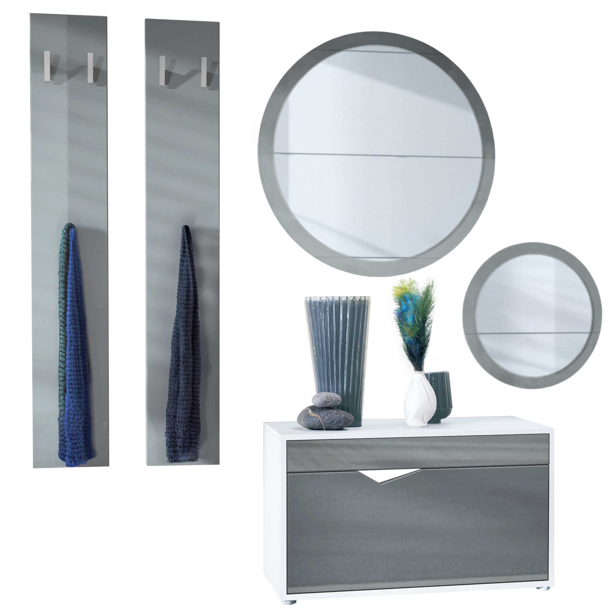 Vladon Garderoben-Set Espoo, (Flur Garderobe, mit Schuhbank, 2 Wandpaneel und 2 Runde Wandspiegel), Weiß matt/Grau Hochglanz