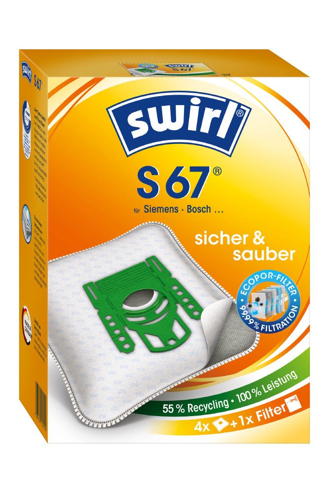 Swirl Staubsaugerbeutel Swirl S67 S 67, passend für Siemens Bosch Staubsauger, inkl. 2 Filter - zuschneidbar, 8 St., Optimale Passform, EcoPor Qualität für lange Nutzungsdauer