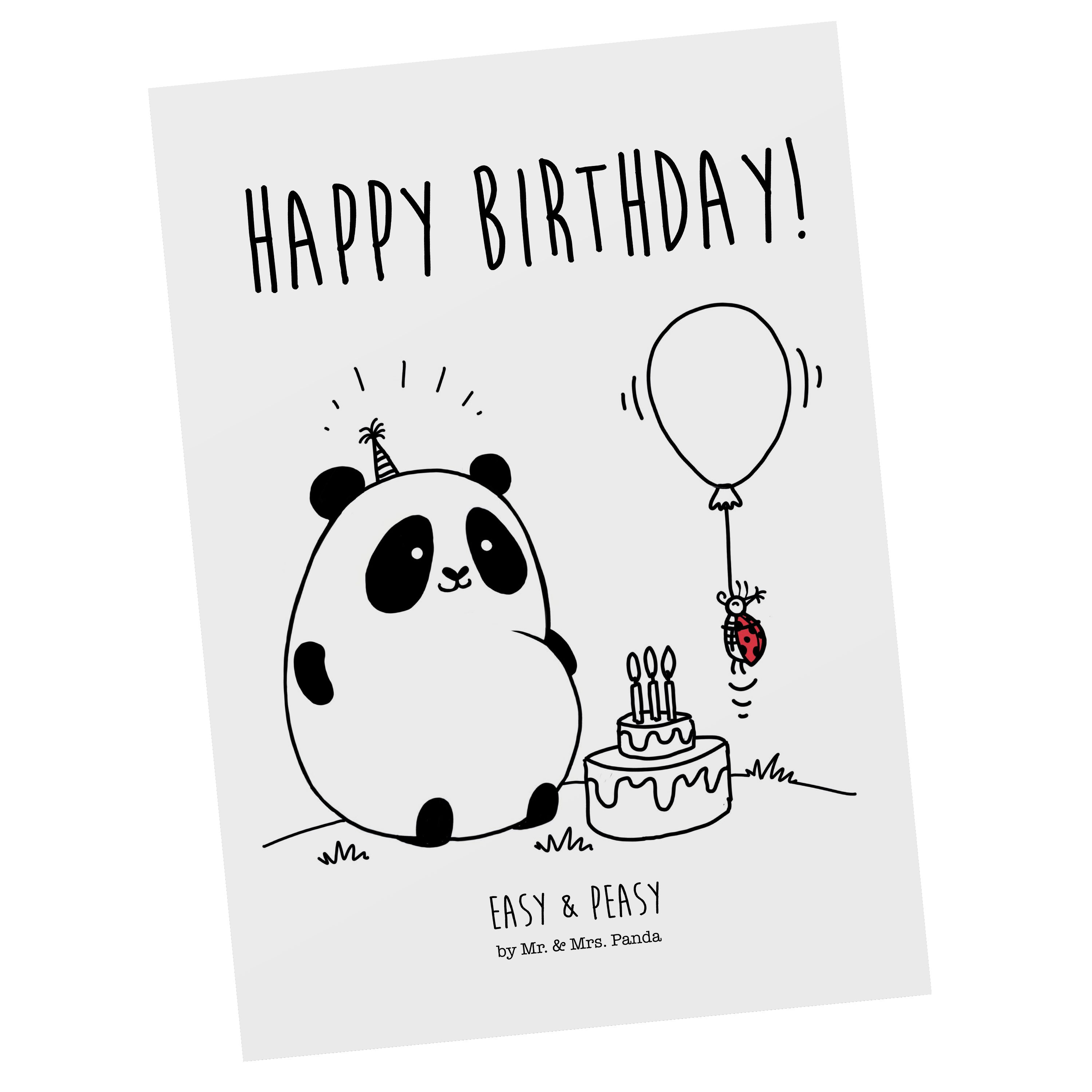 Mr. & Mrs. Panda Postkarte Easy & Peasy Happy Birthday - Weiß - Geschenk, Ansichtskarte, Geburts