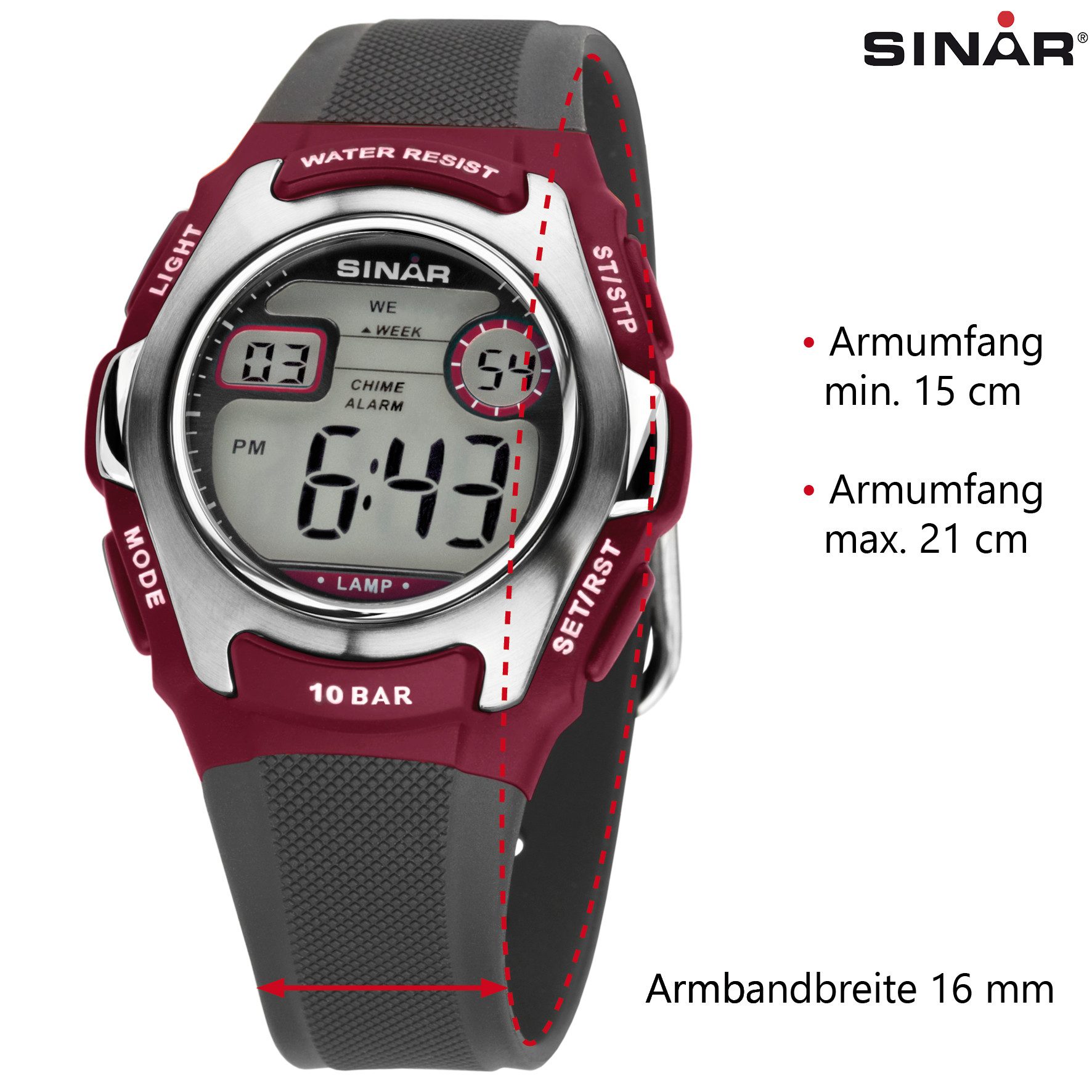 SINAR Digitaluhr XE-50 Jugend Armbanduhr Sportuhr PU-Band 10 bar, digital sportlich modern Geschenkidee Jugend Ø 36 mm
