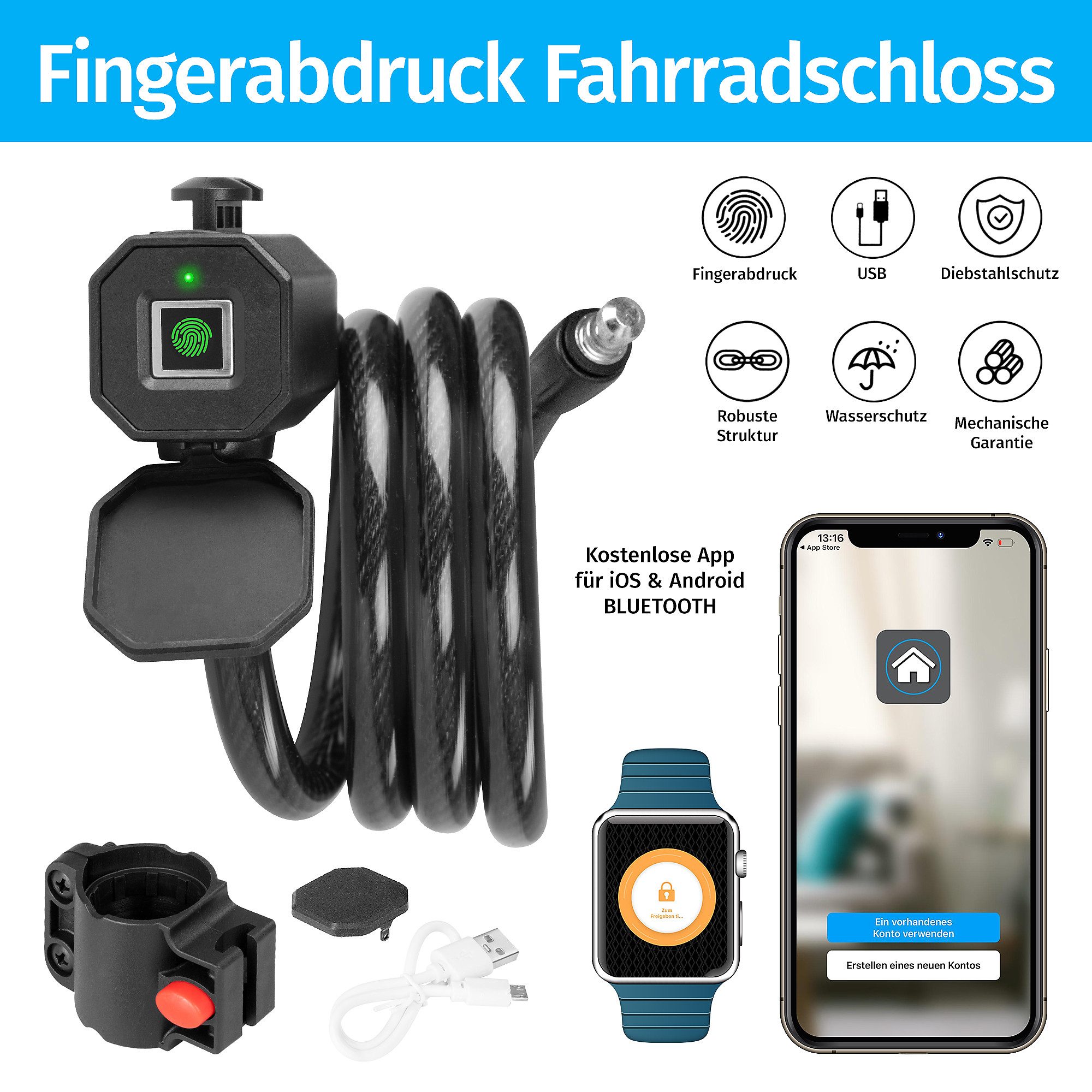 Taffstyle Kettenschloss Elektronisches Fingerabdruck Fahrradschloss App Fingerprint Schloss, Hohe Sicherheit Kettenschloss e Bike Kabelschloss Kinderwagen Tracking