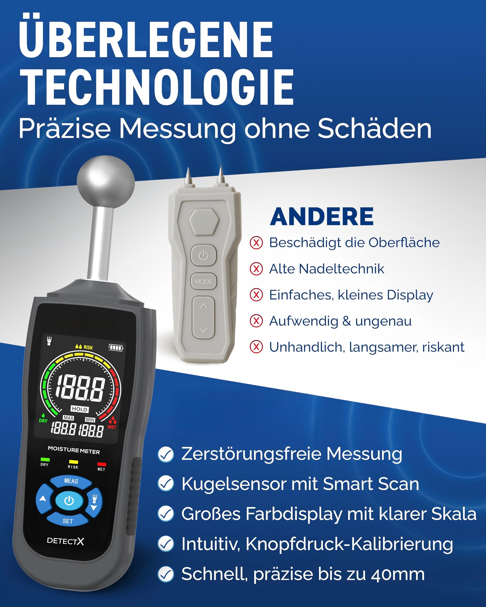 Kityhome Feuchtigkeitsmesser DetectX Feuchtemesser für Wände, Holz & Mauerwerk - zuverlässig, (Packung, 4-St., Präzise und empfindlich), Enthält Batterie, Aufbe – Bild 5 von 5