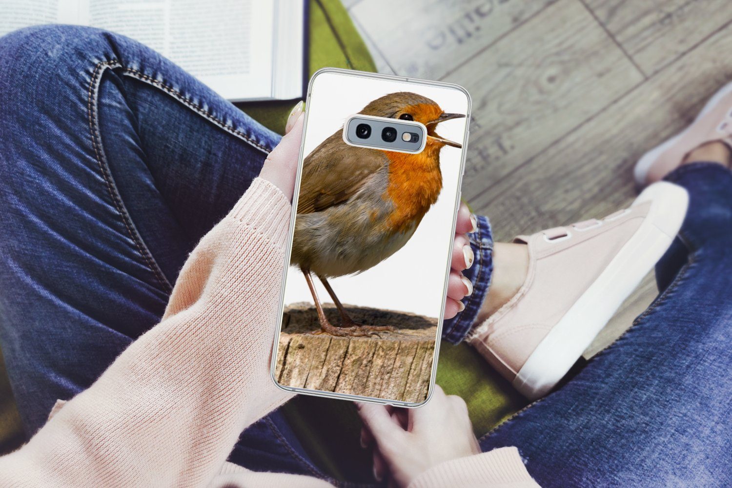 MuchoWow Handyhülle für Samsung Galaxy S10e Rotkehlchen - Vogel - Holz, Phone Case, Silikon, Schutzhülle Dünn