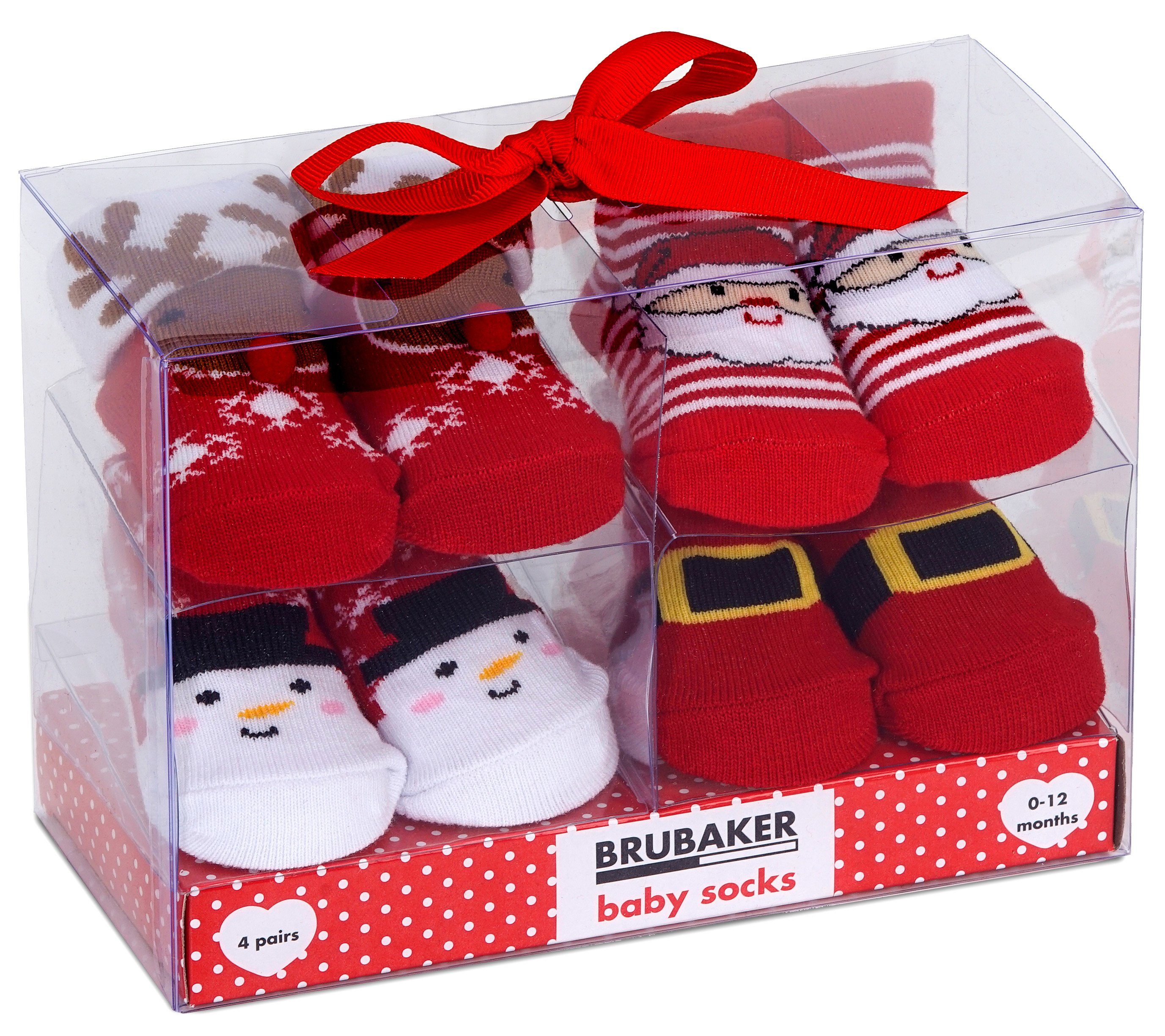 BRUBAKER Socken Babysocken Baumwollsocken in Schleife Geschenkverpackung für Geschenkset (4-Paar, und mit Monate Baby Mädchen Jungen Weihnachts-Motiven) Neugeborene 0-12 mit für