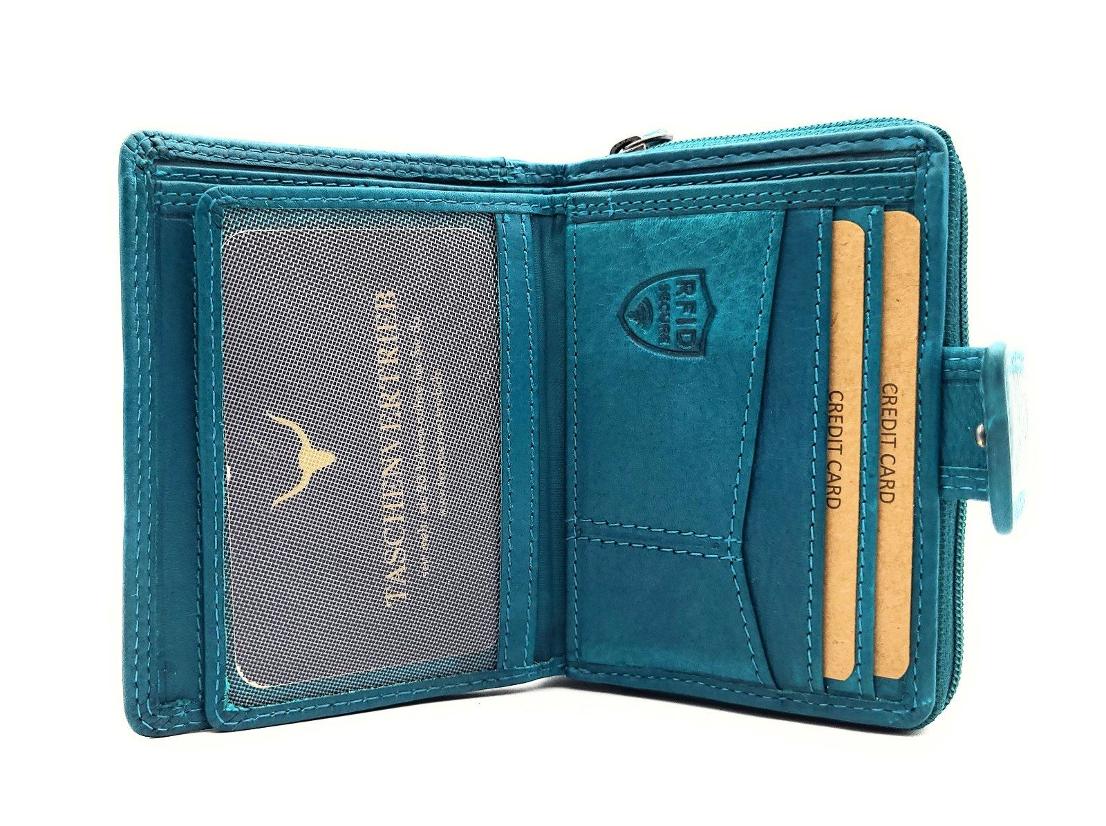 JOCKEY CLUB Mini Geldbörse kleines echt Leder Damen Portemonnaie mit RFID Schutz, wunderschöner Schmetterling, Sauvage Rindleder, petrol blau