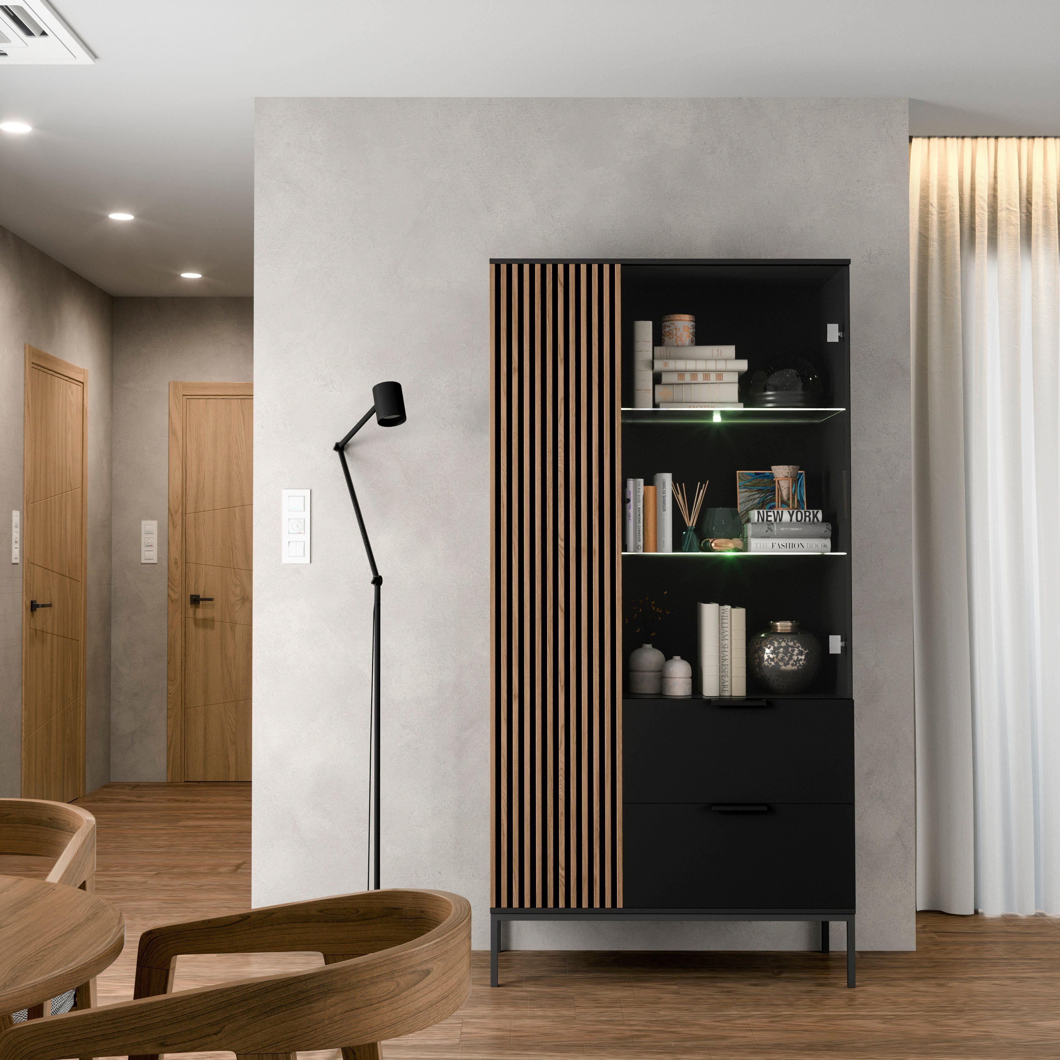 MOEBLO Vitrine Meteor (Schrank für Wohnzimmer mit Türen Vitrinenschrank Glasvitrine, Gehärtetes Glas Highboard, mit LED, mit Schubladen) (HxTxB):200x60x100 cm