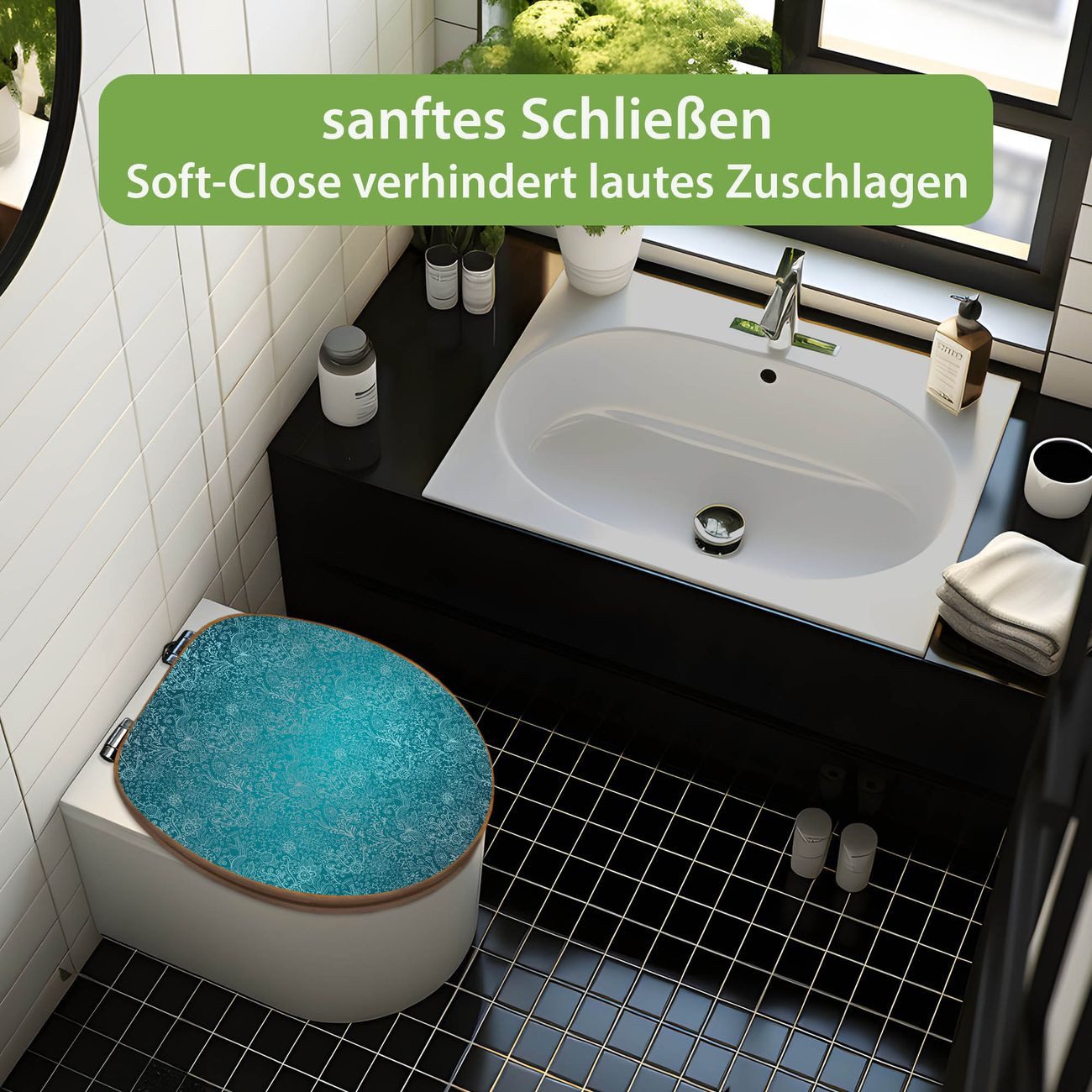 banjado WC-Sitz aus Bambus mit Absenkautomatik Motiv Mandala Landschaft (umweltfreundliches Material, integrierte Absenkautomatik), 45,8 x 37,5 x 5 cm