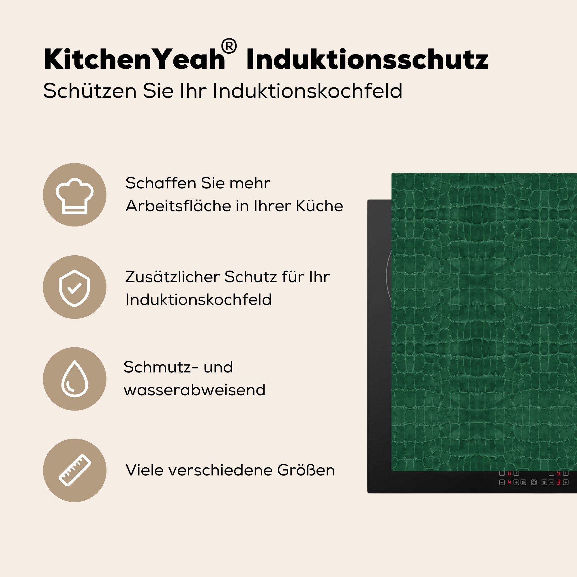 78x78 küche für Tierfell, MuchoWow Ceranfeldabdeckung, cm, Leder - (1 Grün - tlg), - Induktionsschutz Arbeitsplatte Vinyl, Herdblende-/Abdeckplatte