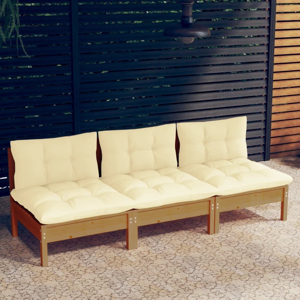 vidaXL Loungesofa 3-Sitzer-Gartensofa mit Creme Kissen Massivholz Kiefer, 1 Teile Honigbraun