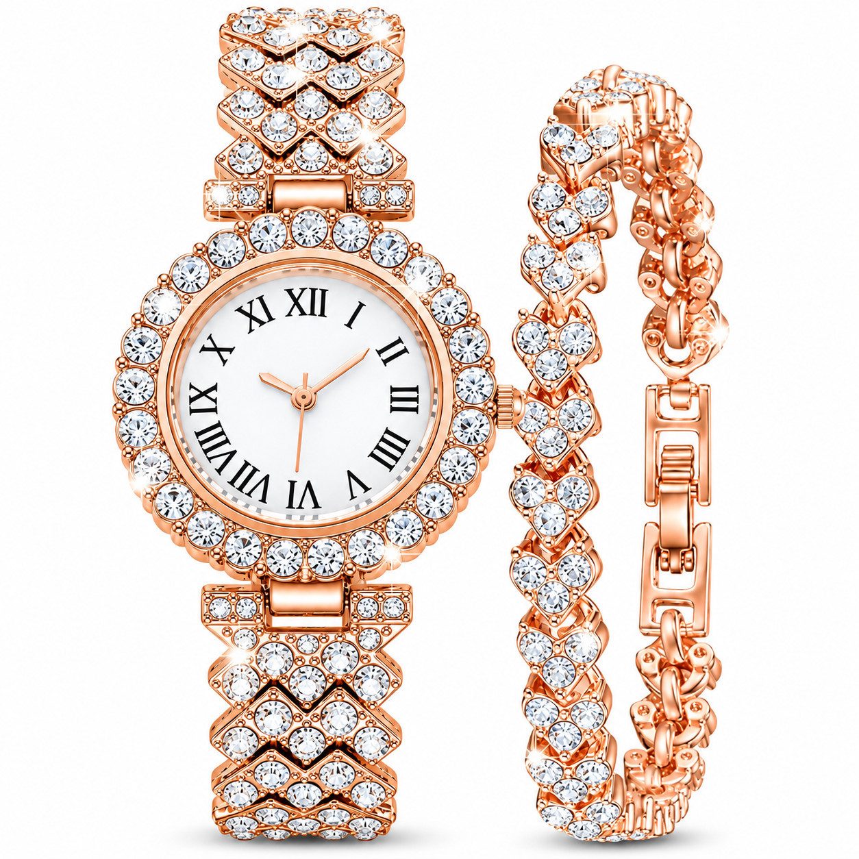 VEKROBOT Quarzuhr Elegantes Damenuhren Set mit künstlichen Diamanten Quarzuhr Modisch, (1-tlg), Funkelnde künstliche Diamanten Armbanduhr
