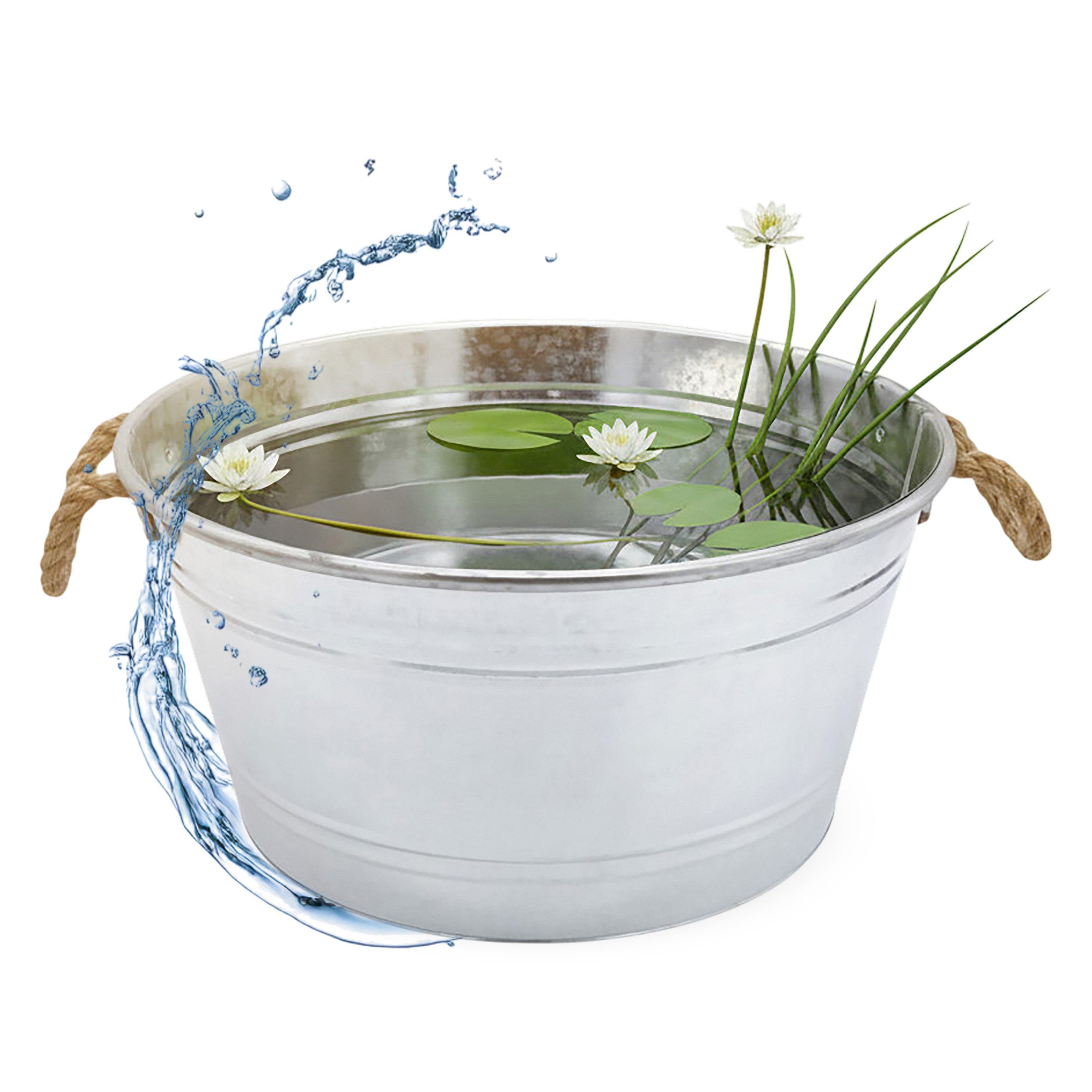 Spetebo Pflanzschale Zierteich Zinkwanne mit Griffen aus Jutekordel (25 L, 1 St., rund), Metall Blumenschale silber verzinkt, 45 x 22 cm