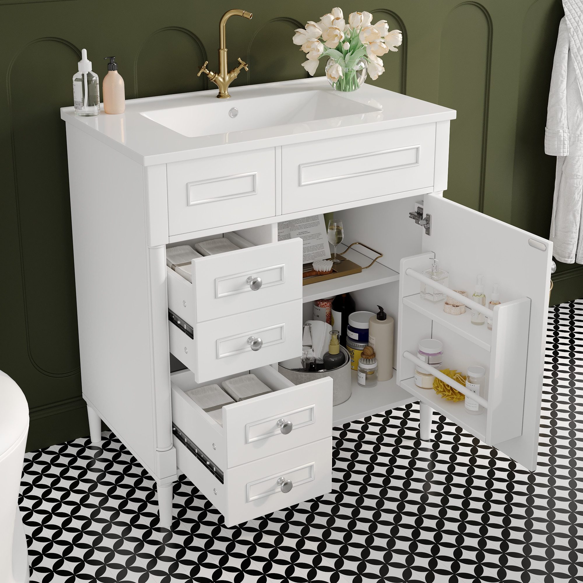 OKWISH Waschbeckenunterschrank Hochwertiger Unterschrank (Waschbeckenunterschrank– Keramikwaschbecken Weiß, 1-St., 76.5*46.5*84cm)