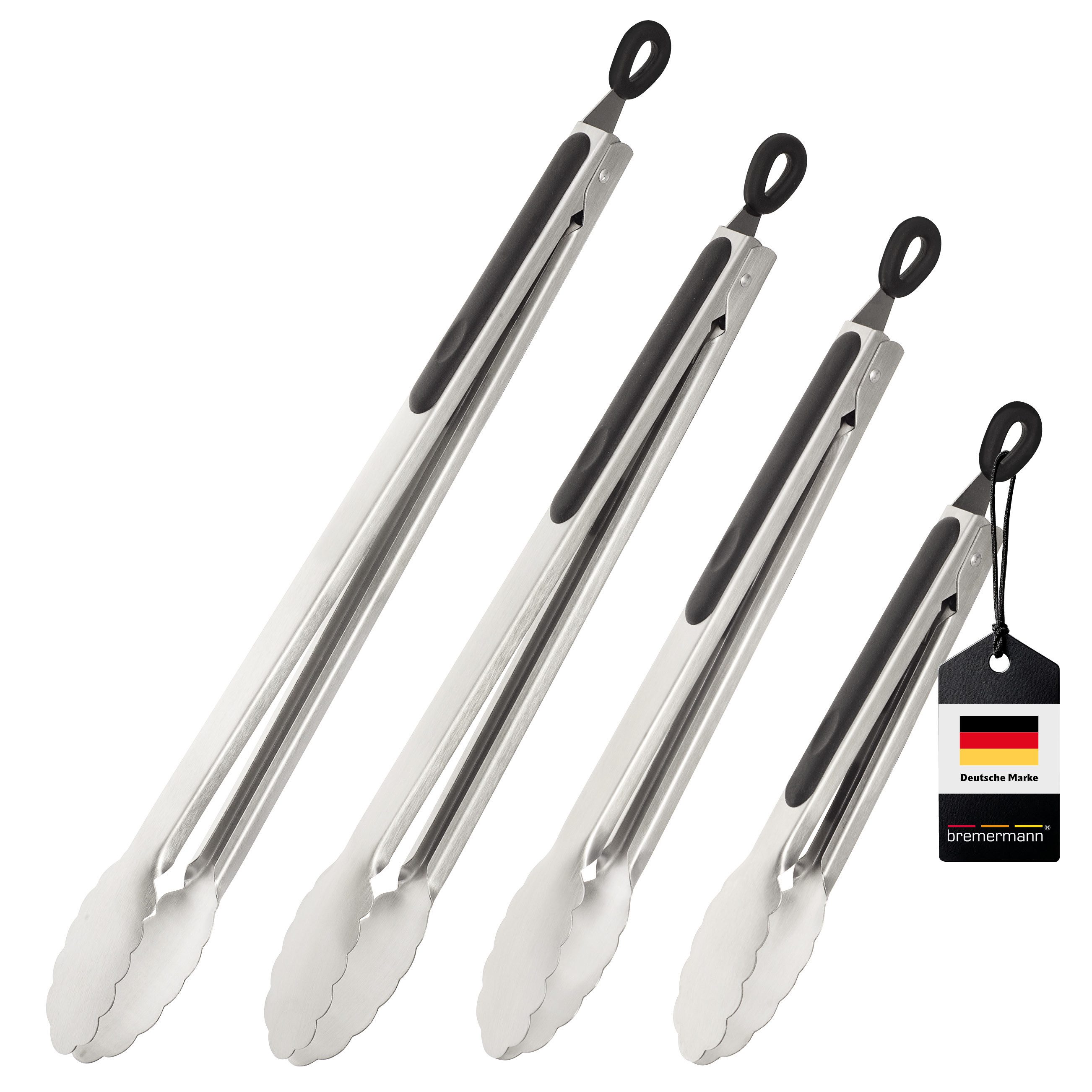 bremermann Grillzange Grillzangen 4er-Set, ca. 44,5 (XL), 40,5 (L), 35,5 (M) und 28 (S) cm, mit Feststellmechanismus