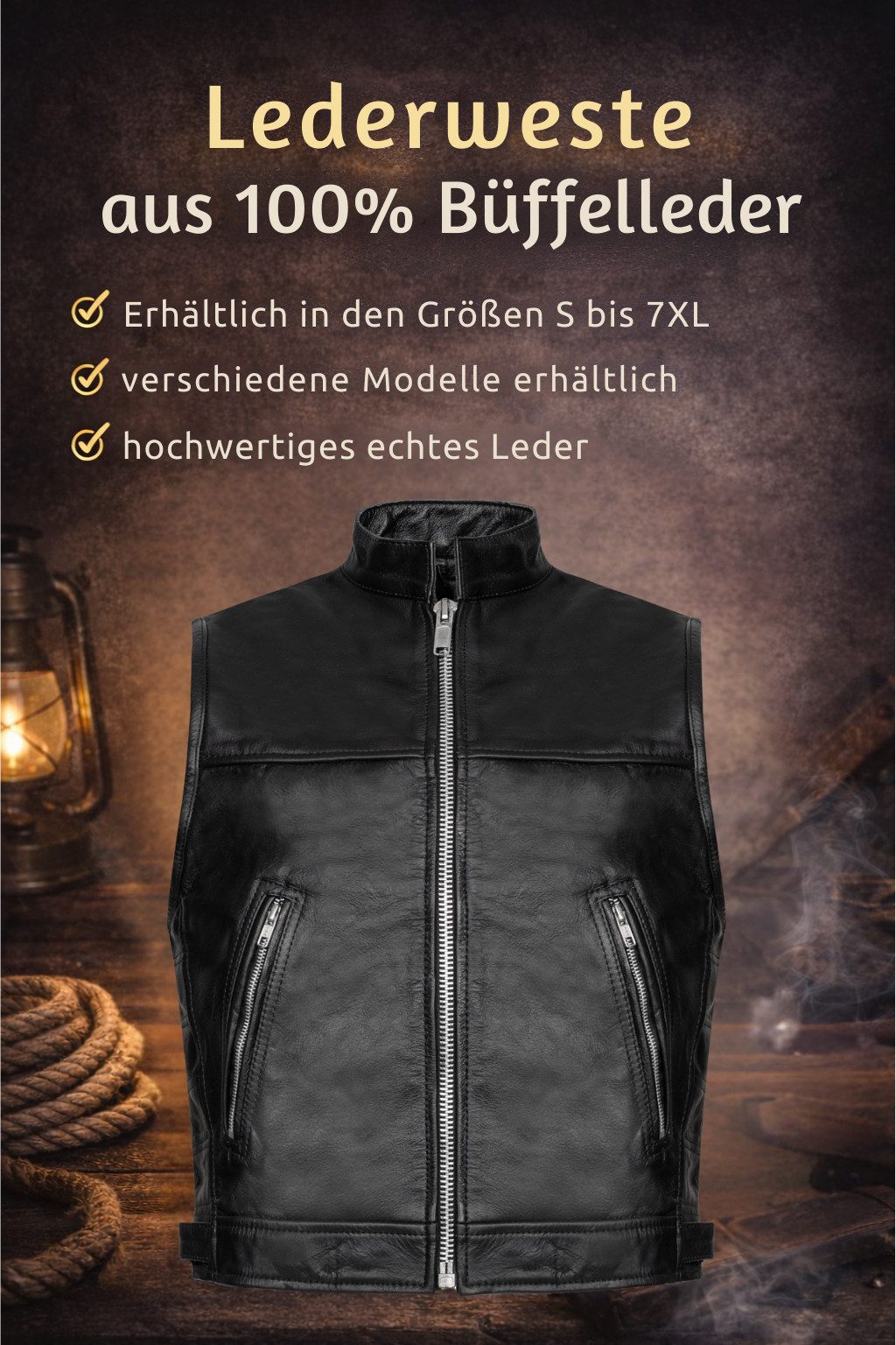 PAULGOS Motorradweste Lederweste Biker Kutte Clubweste Chopper Weste 100% Echtleder - BW8