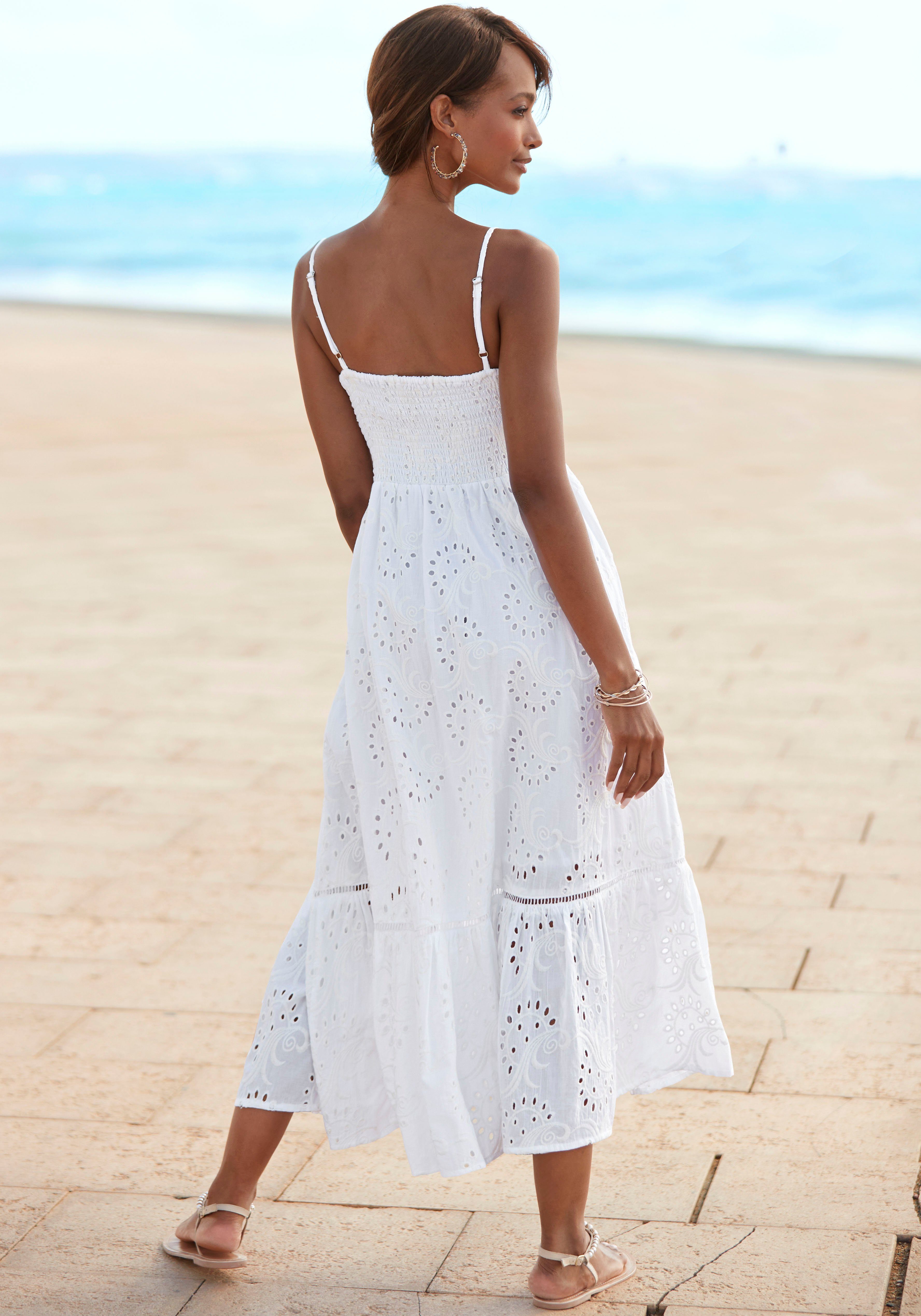 Buffalo Midikleid mit hochwertiger Lochstickerei, luftiges Sommerkleid aus Baumwolle