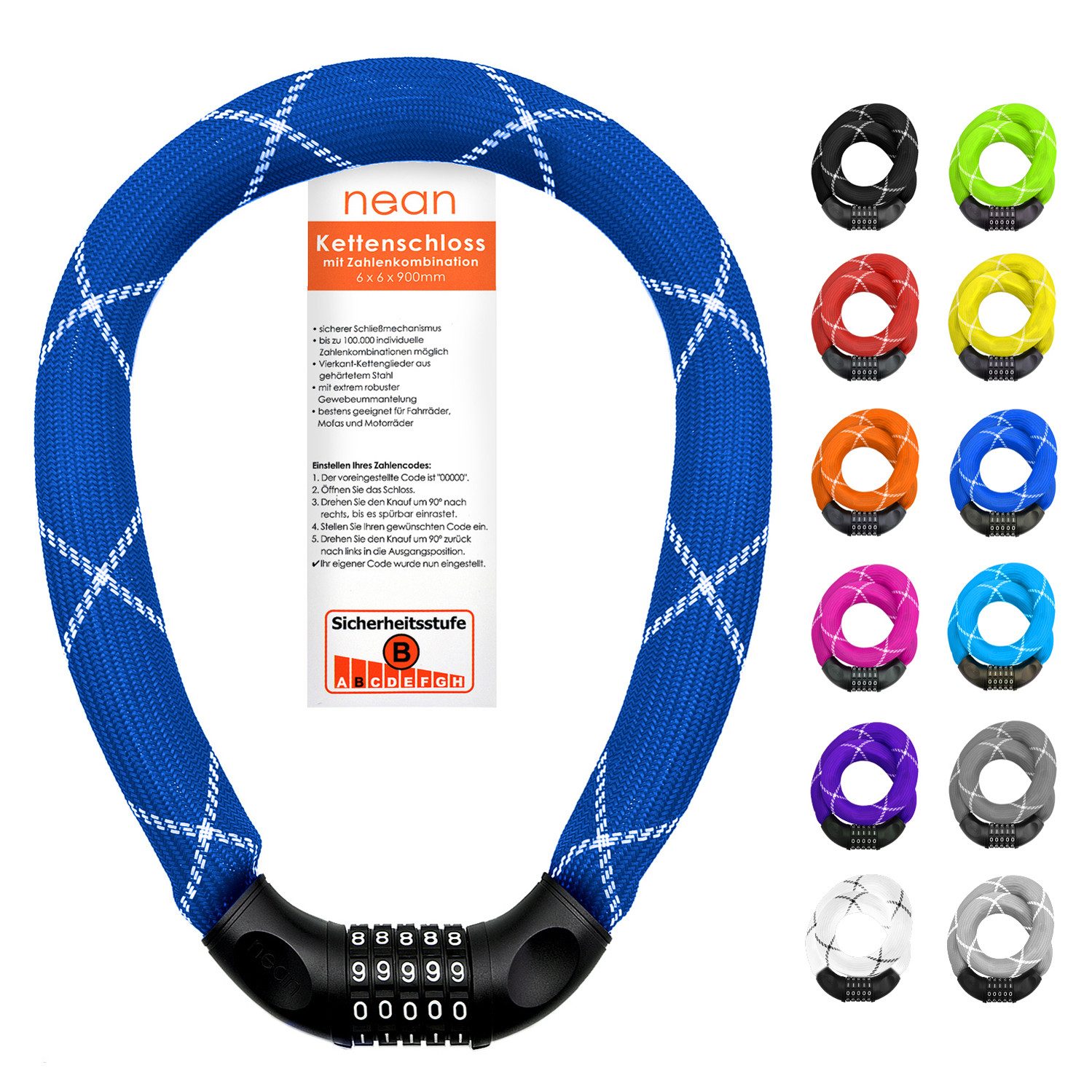 nean Kettenschloss für Fahrrad und E-Bike, Fahrradschloss mit Zahlen (Zahlenschloss), Vierkant-Kette gehärtet, Hülle extrem robust, hohe Sicherheit, 90 cm