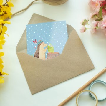 Mr. & Mrs. Panda Grußkarte Igel Federschmuck - Blau Pastell - Geschenk, Tiere, Camping, Einladun, Hochwertiger Karton