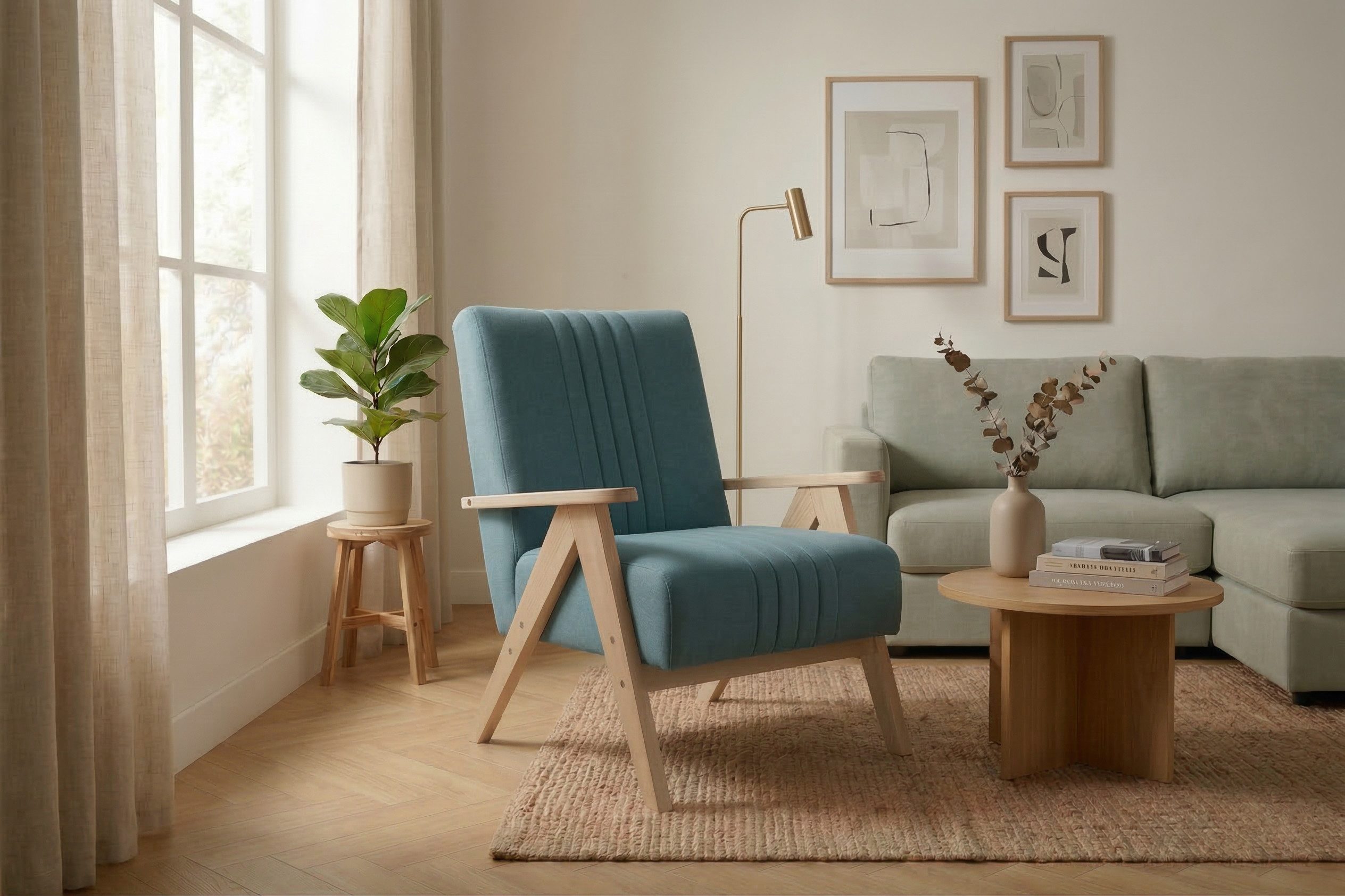Friderik-EU Sessel ENZO Polstersessel mit Holzgestell Mid-Century, vertikale Steppungen am Rücken, leichtes Holzgestell