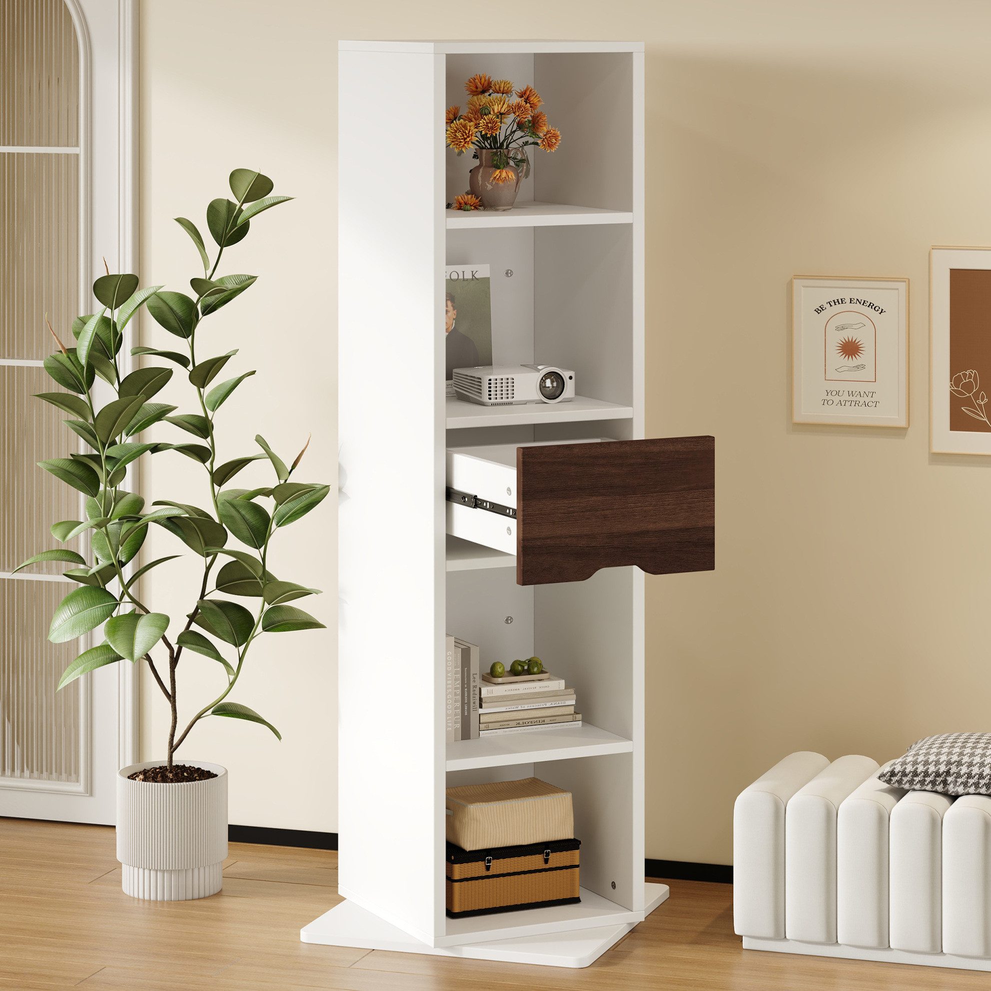 MODFU Spiegelschrank Ganzkörperspiegel Schrank 168 cm hoch, Hochschrank Badschrank (drehbare Konstruktion mit Ablageflächen und Schublade, platzsparender freistehender Badezimmerschrank, für Kleidung und Accessoires)