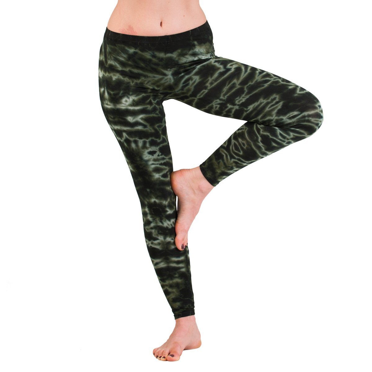 PANASIAM Leggings handgefärbte Unikat Batik Leggings aus natürlicher Viskose Goa Hose im Batik Look Yogaleggings Sporthose Sportleggings lange Leggings dunkel grün