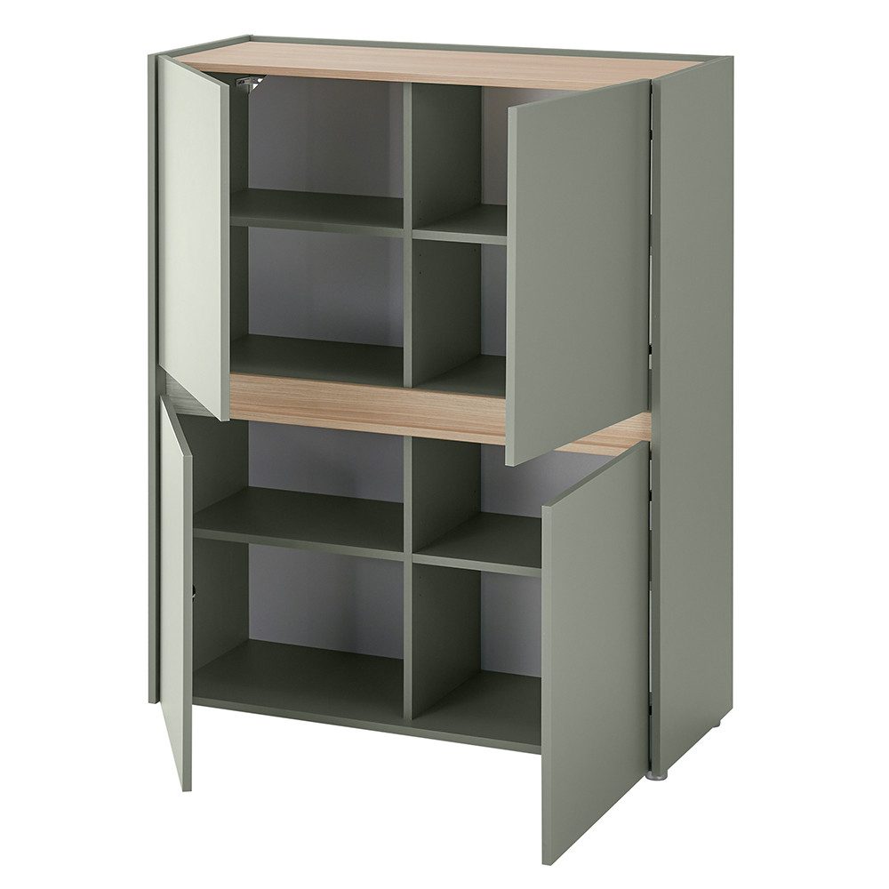 Lomadox Highboard CRISP-61, 122 cm, grün mit Eiche Nb., 4 Türen