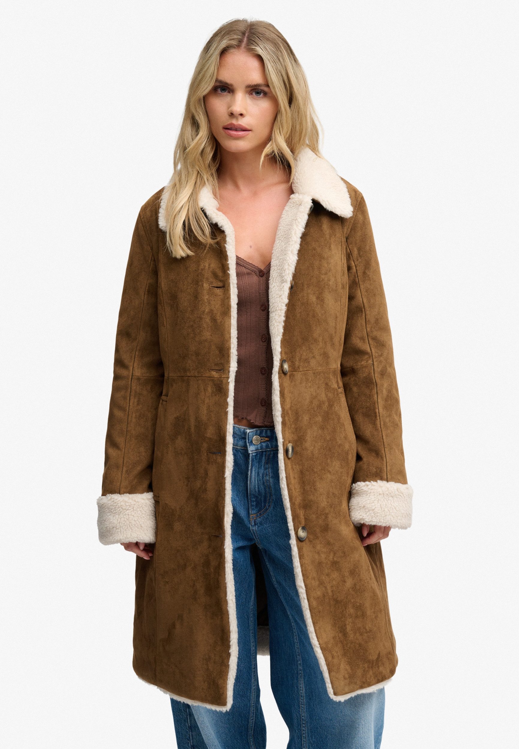 Superdry Kurzmantel FAUX SHEARLING LONGLINE JKT Antique Bronze