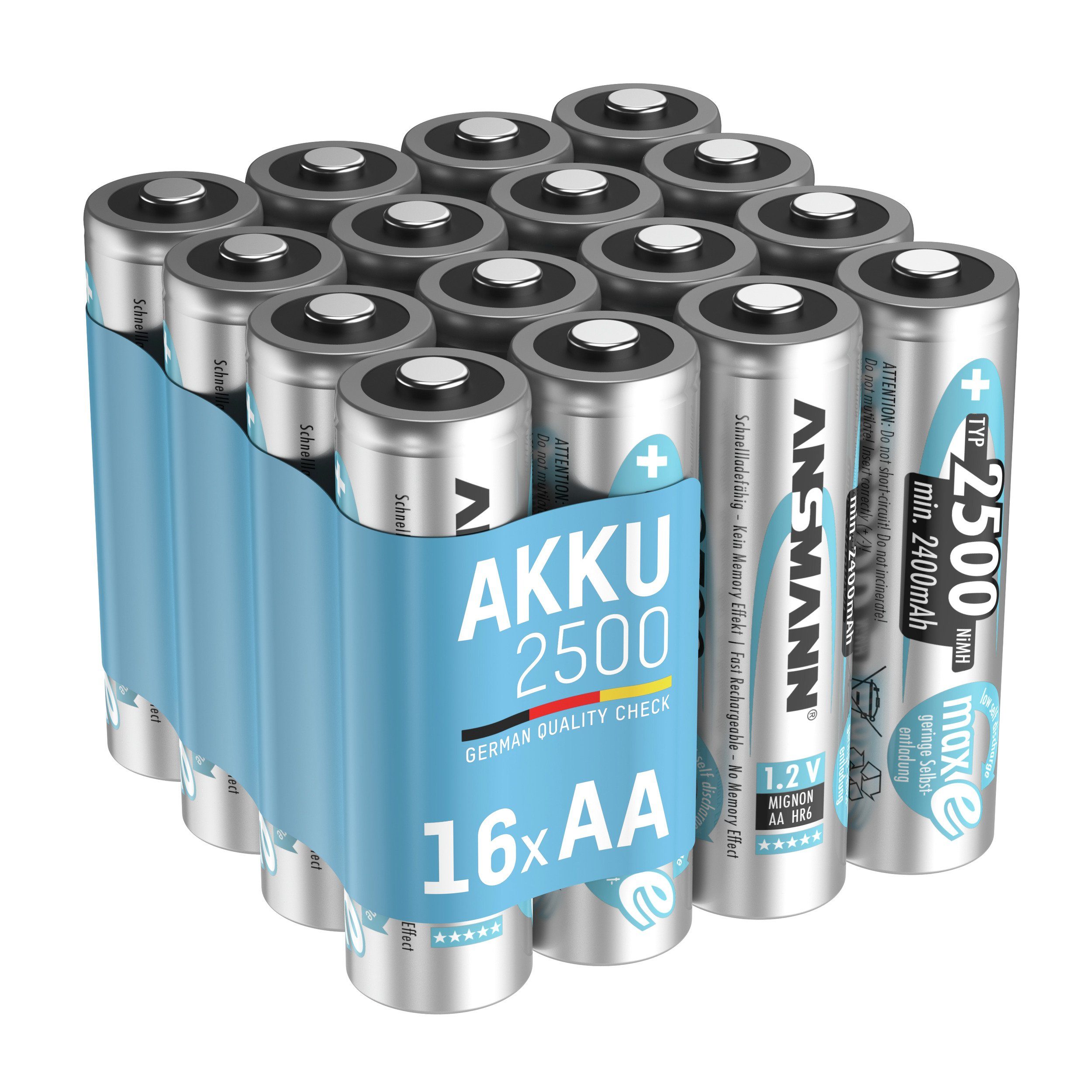 ANSMANN® Akku AA V) (16 Akku Mignon NiMH 1000x 2500 mAh 1,2V maxE - Stk) 2500mAh wiederaufladbar (1.2