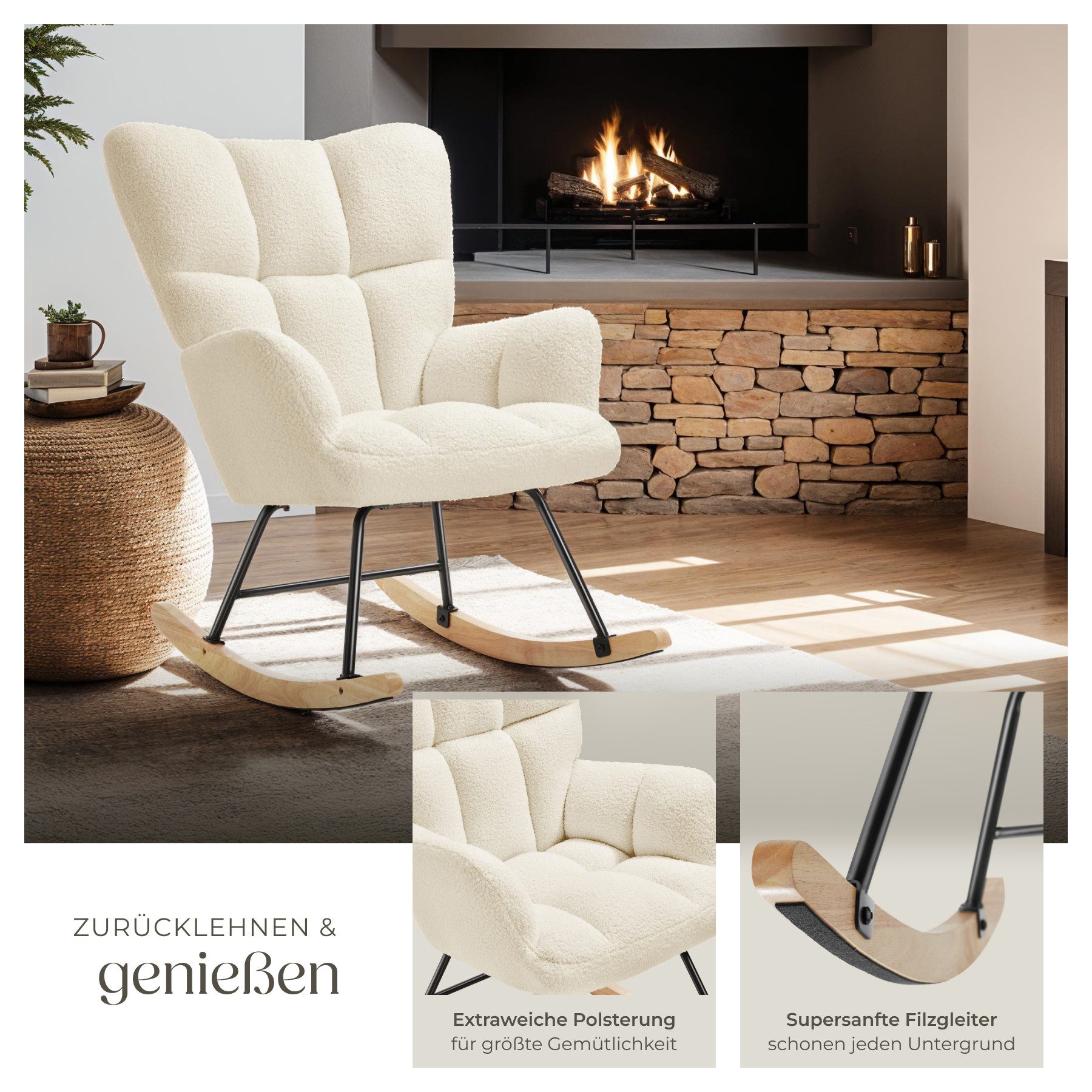 tectake Schaukelstuhl gepolsterter Sessel mit Bouclé-Bezug, 68 x 96 x 97 cm (Wippstuhl Torve, 1 St), Kuscheliger Bouclé-Bezug mit stilvollem Steppmuster – Bild 4 von 5