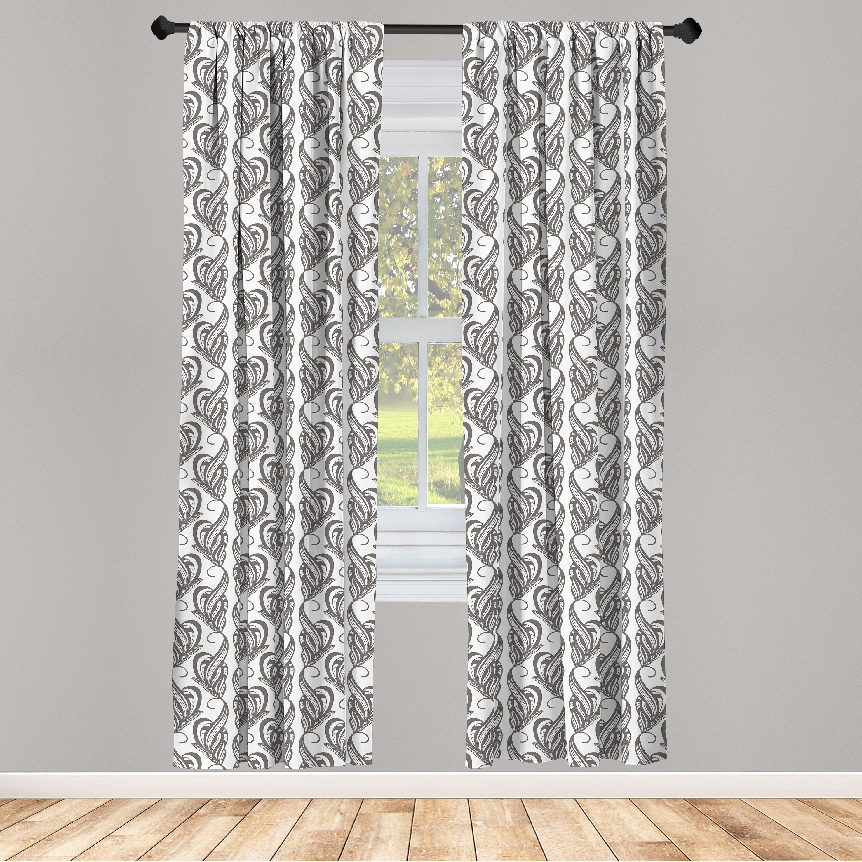Gardine Vorhang für Wohnzimmer Schlafzimmer Dekor, Abakuhaus, Microfaser, Grau und Weiß Blüten und Blätter