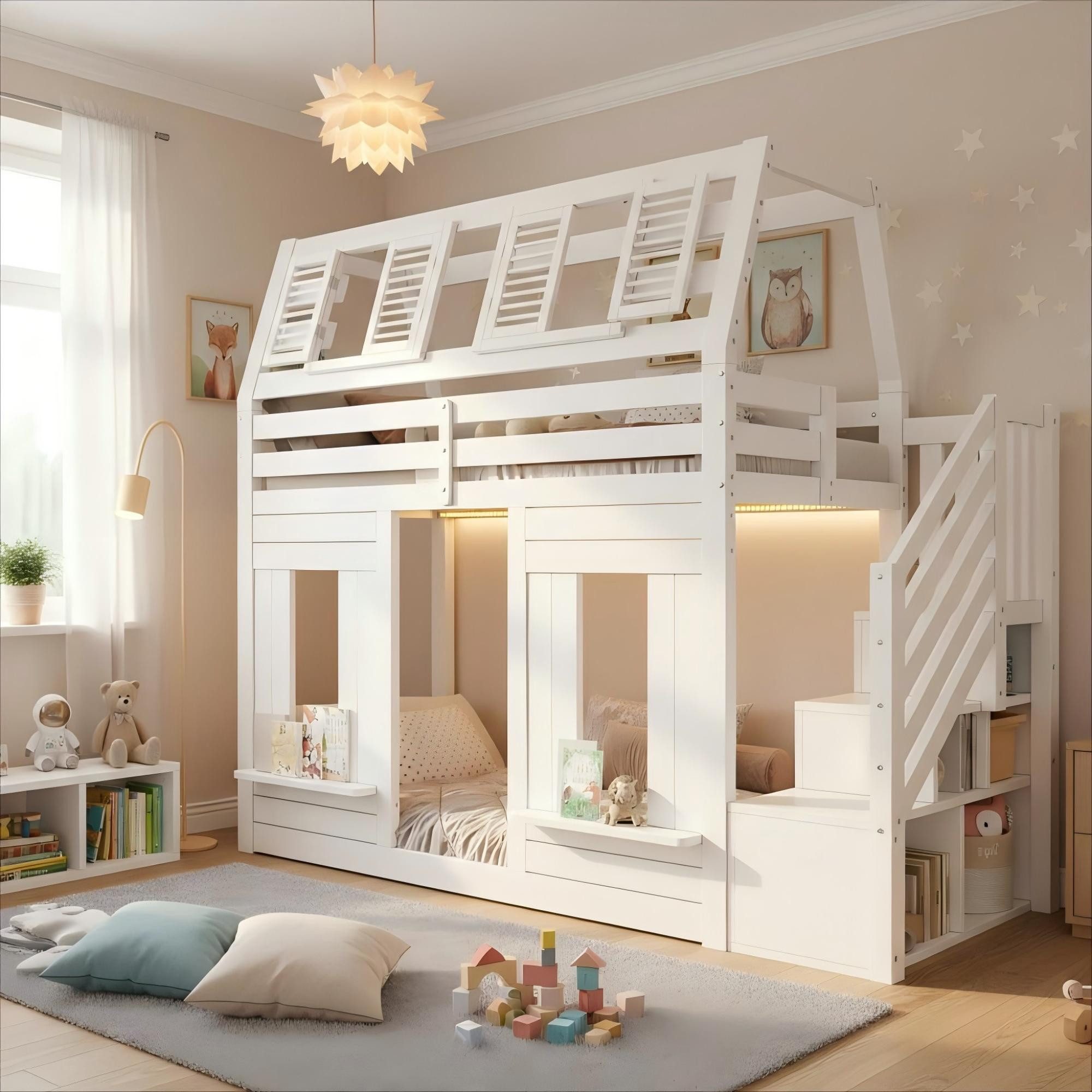 OKWISH Hochbett Etagenbett 90x200cm mit Fenster-Design & LED (Packung, 1-St., Inklusive Rausfallschutz & Stauraumtreppe) Hochbett aus Holz in Weiß für Kinder(ohne Matratze)